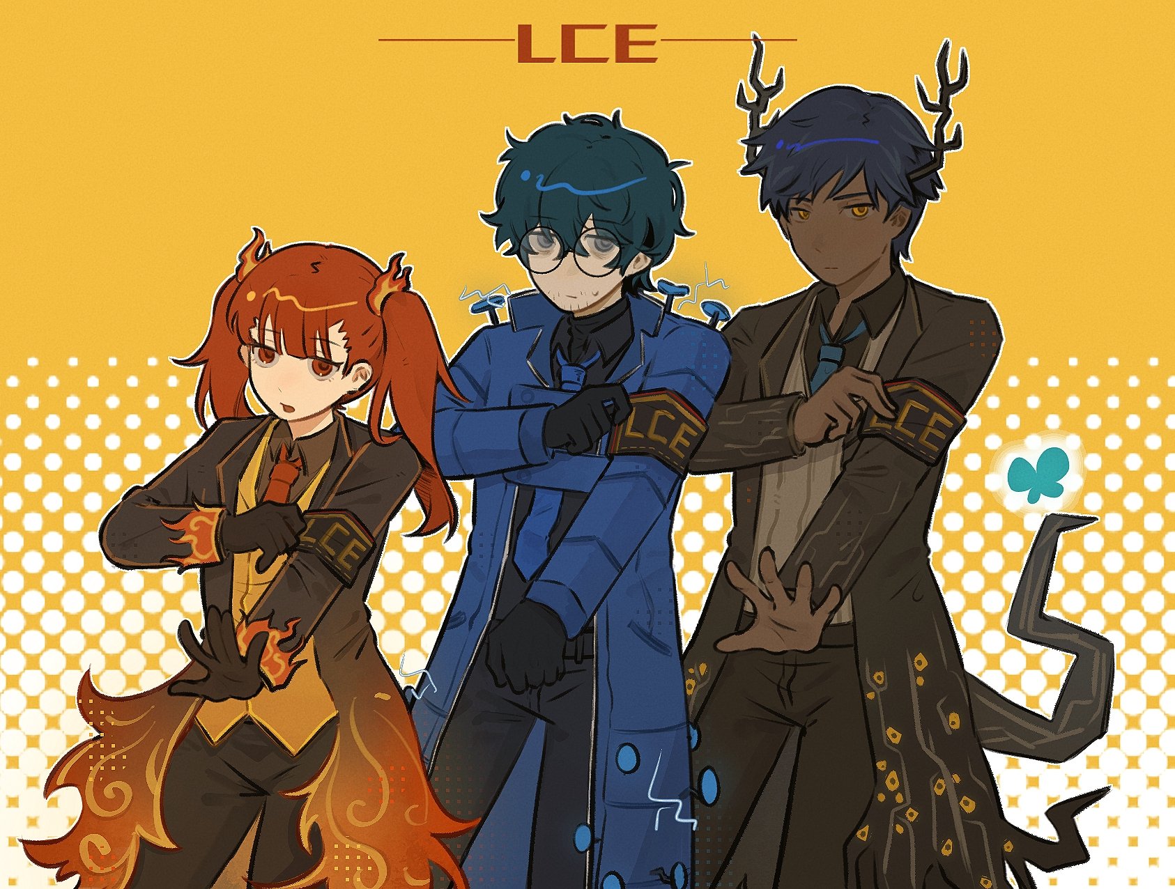 alyssa (project moon), hohenheim (project moon), marton (project moon), limbus company, project moon, chinese commentary, commentary request, highres, 1girl, 2boys, aaaduorenzu, aedd (e.g.o), ardor blossom star (e.g.o), belt, black belt, black coat, black gloves, black pants, blue coat, brown coat, coat, cowboy shot, e.g.o (project moon), electricity, glasses, gloves, halftone, halftone background, horns, lantern (e.g.o), long sleeves, multiple boys, necktie, open mouth, pants, red eyes, red hair, red necktie, twintails, yellow background, yellow eyes