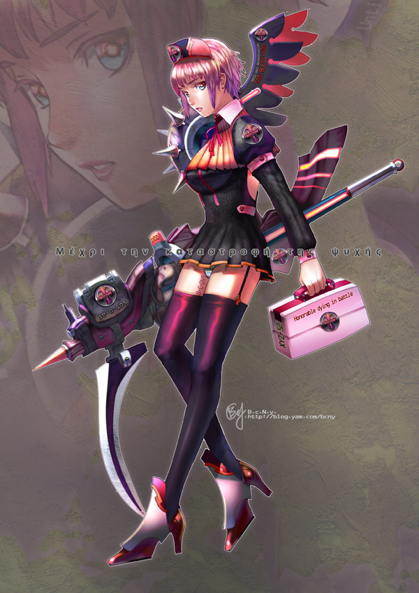 b.c.n.y., original, 1girl, female focus, garter straps, legs, panties, pantyshot, scythe, short hair, solo, thighhighs, underwear, white panties, zoom layer