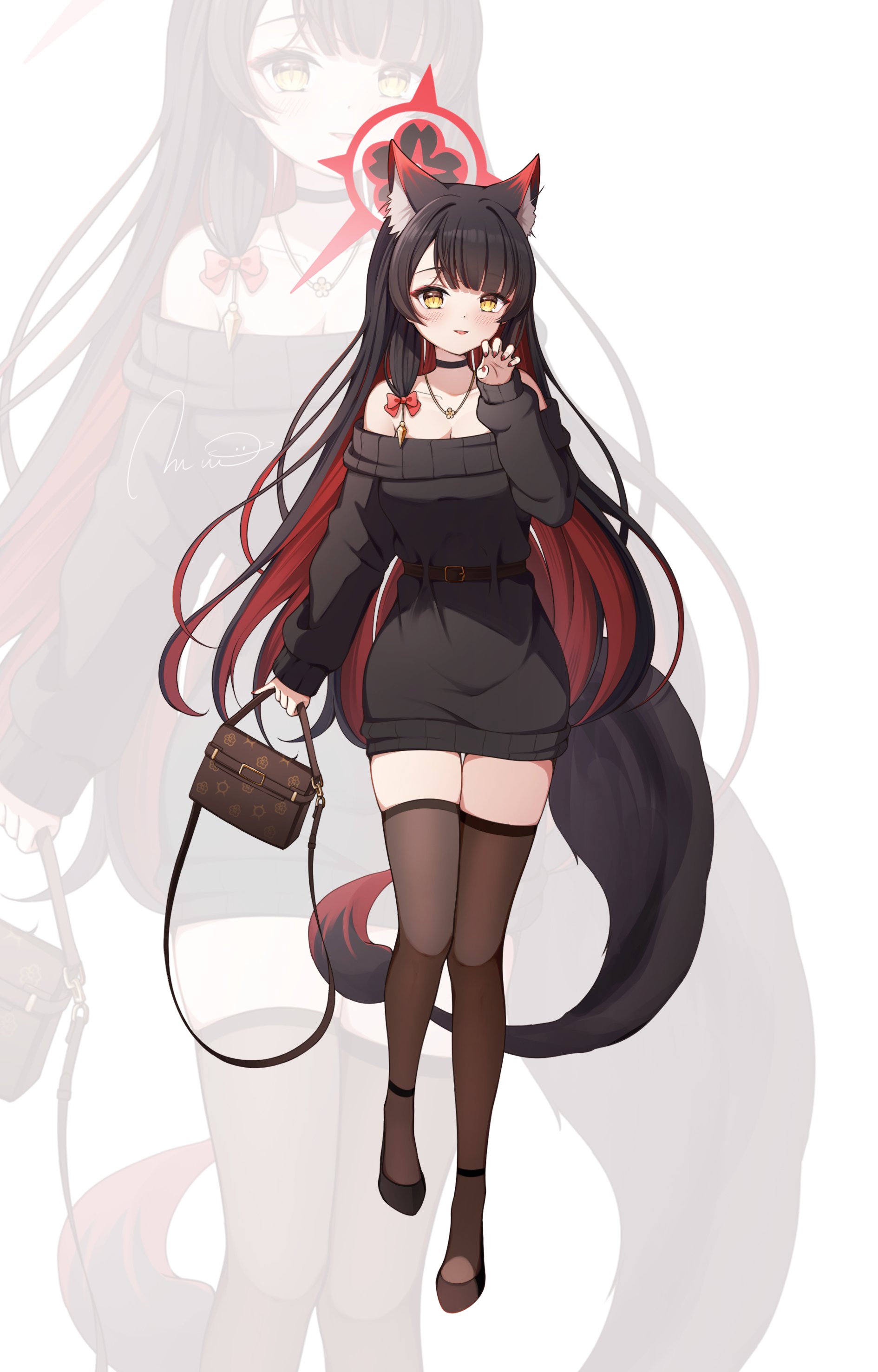 gyeou lee, wakamo (blue archive), blue archive, absurdres, commentary request, highres, 1girl, animal ear fluff, animal ears, arm at side, bag, bare shoulders, belt, belt buckle, black belt, black choker, black hair, black sweater, bow, breasts, brown thighhighs, buckle, cat ears, cat girl, choker, claw pose, cleavage, colored inner hair, dress, fingernails, full body, hair bow, halo, hand up, handbag, high heels, holding, holding bag, jewelry, long hair, long sleeves, multicolored hair, multicolored halo, nail polish, necklace, off-shoulder dress, off shoulder, parted bangs, parted lips, pumps, red bow, red halo, red nails, signature, smile, solo, standing, sweater, sweater dress, tail, thighhighs, two-tone halo, very long hair, yellow eyes, zettai ryouiki, zoom layer