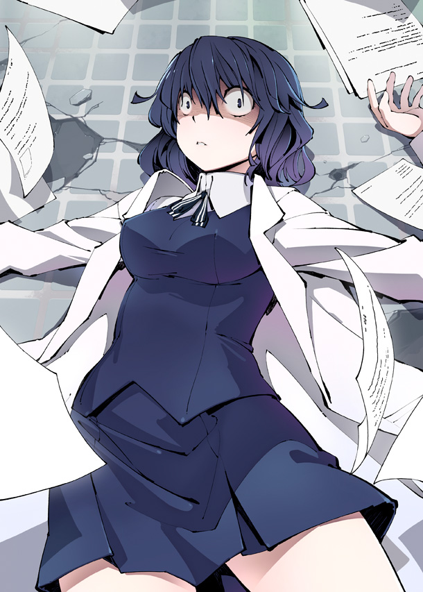 gun zi (i&eyes), nunotaba shinobu, toaru kagaku no railgun, toaru kagaku no railgun s, toaru majutsu no index, 1girl, constricted pupils, female focus, flying paper, lab coat, lying, on back, paper, purple hair, skirt, solo, wide-eyed