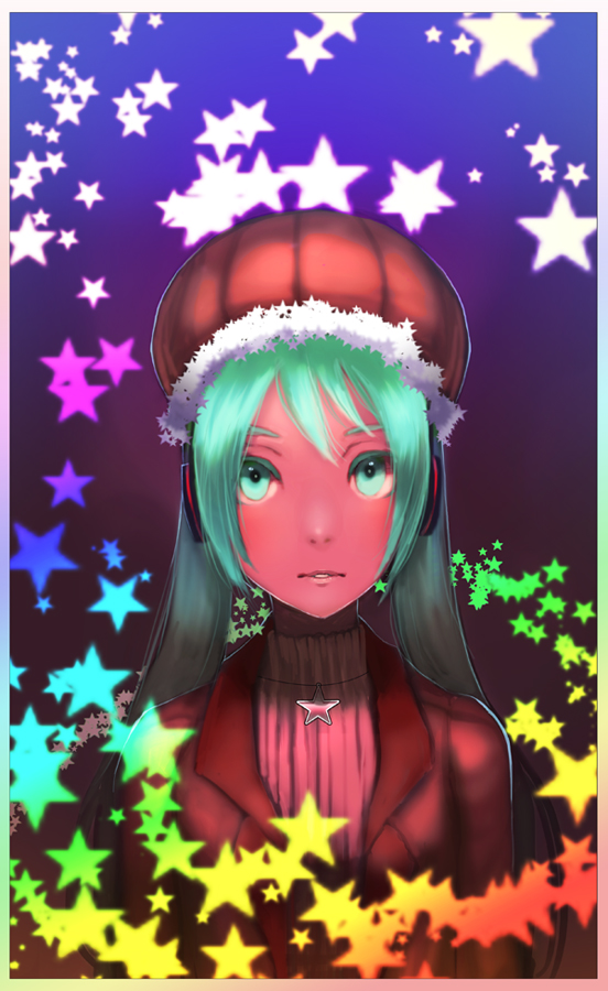 b.c.n.y., hatsune miku, vocaloid, bad id, bad pixiv id, aqua eyes, aqua hair, casual, hat, solo, star (symbol), turtleneck
