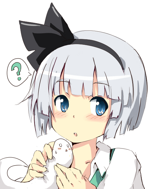 fine (artist), konpaku youmu, konpaku youmu (ghost), touhou, silver hair, bad id, bad pixiv id, 1girl, blue eyes, blush, bow, embarrassed, female focus, ghost, hairband, hitodama, open mouth, short hair, solo