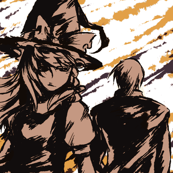 discharge cycle, tobi (discharge cycle), jhons lee, kirisame marisa, air master, m.u.g.e.n, touhou, translation request, 1boy, 1girl, crossover, hat, hetero, suit, witch, witch hat