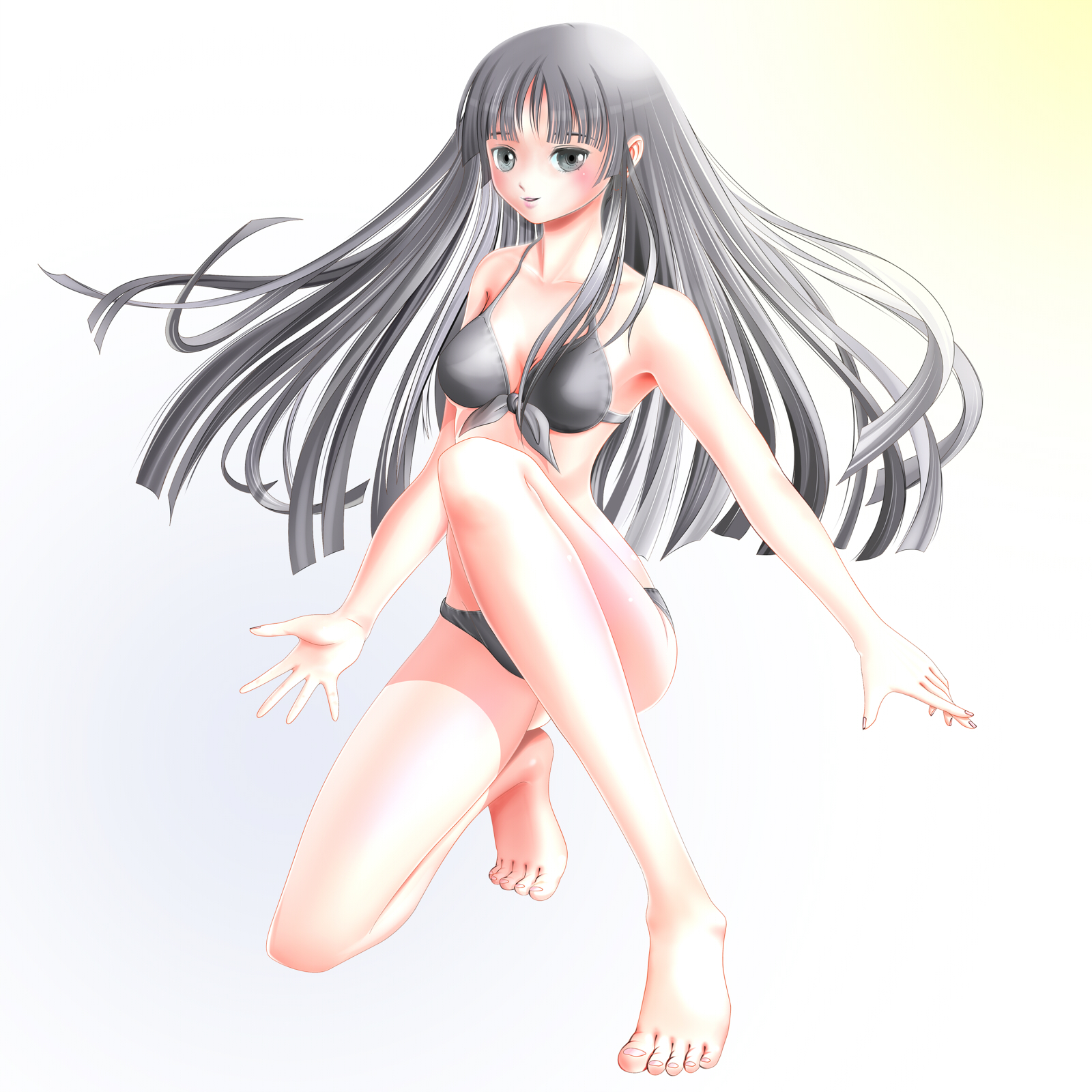 miharin, akiyama mio, k-on!, bad id, bad pixiv id, highres, 1girl, barefoot, bikini, black eyes, black hair, feet, female focus, grey bikini, hime cut, long hair, solo, swimsuit