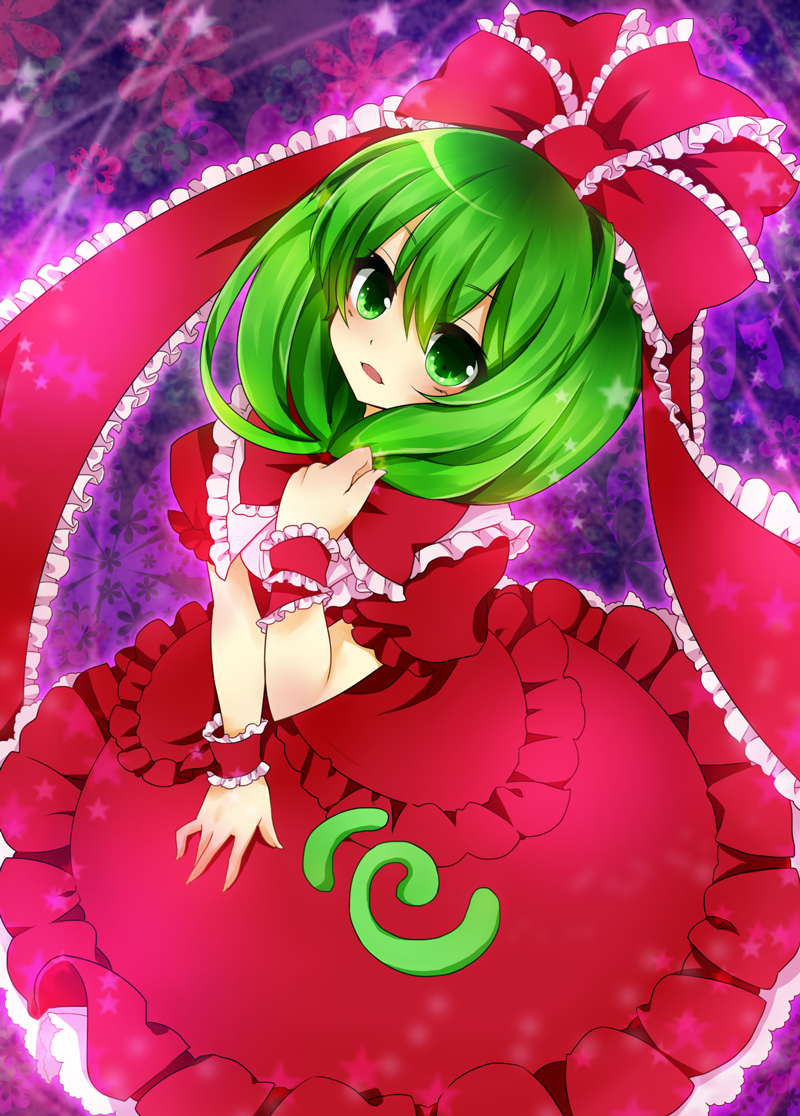 masaru.jp, sanchyaya, kagiyama hina, touhou, colorized, 1girl, dress, female focus, flower, frills, green eyes, green hair, hair ribbon, long hair, matching hair/eyes, red dress, ribbon, solo, star (symbol), wrist ribbon