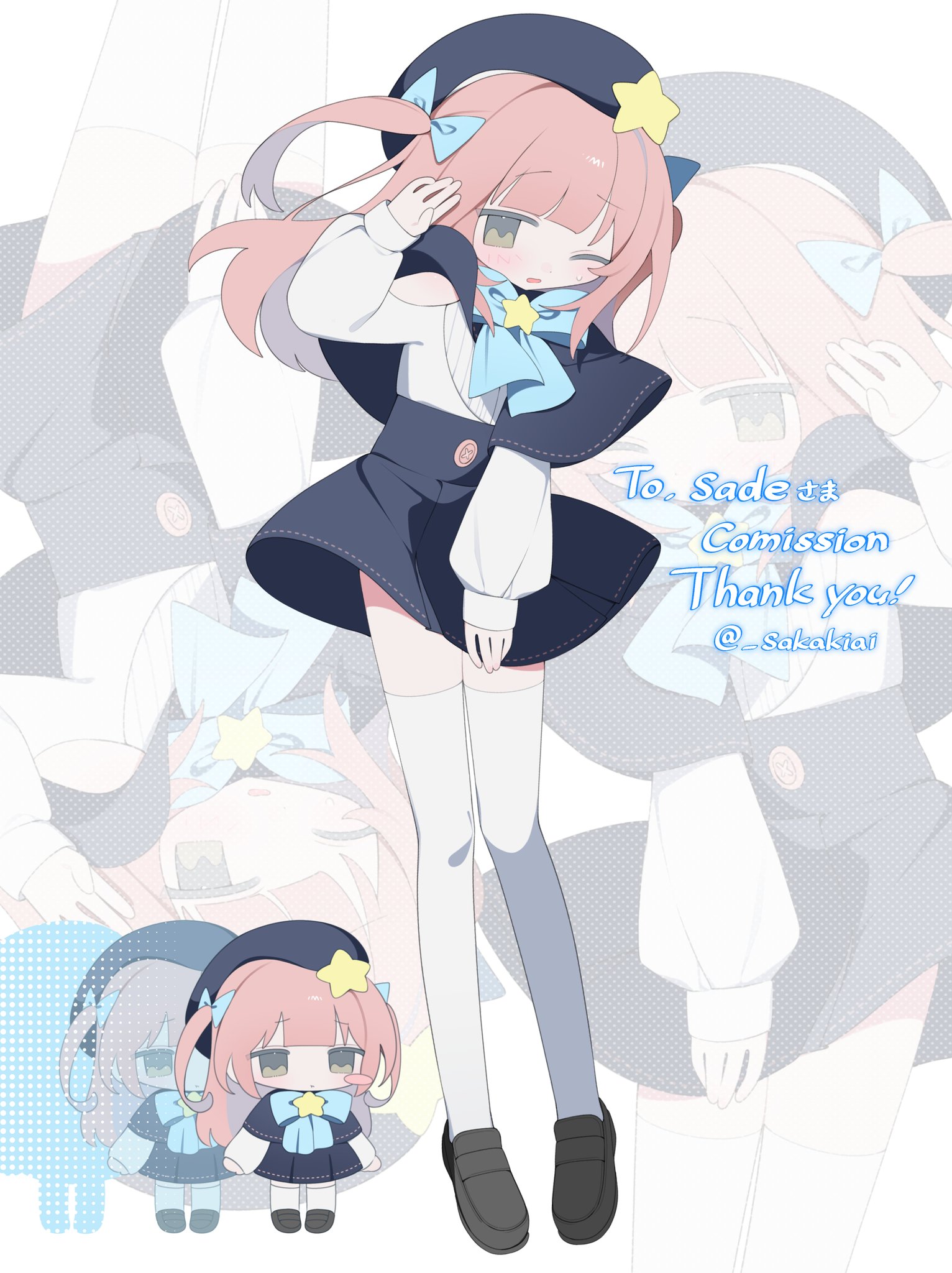 original, commission, highres, 1girl, black shoes, blue bow, blue bowtie, bow, bowtie, capelet, chibi, clothing cutout, commissioner name, full body, grey capelet, grey hat, grey skirt, hair bow, hand up, hat, hat ornament, high-waist skirt, loafers, long hair, long sleeves, looking at viewer, miniskirt, multiple views, one eye closed, pink hair, sakakiai, shirt, shoes, shoulder cutout, skirt, standing, star (symbol), star hat ornament, thighhighs, two side up, white shirt, white thighhighs