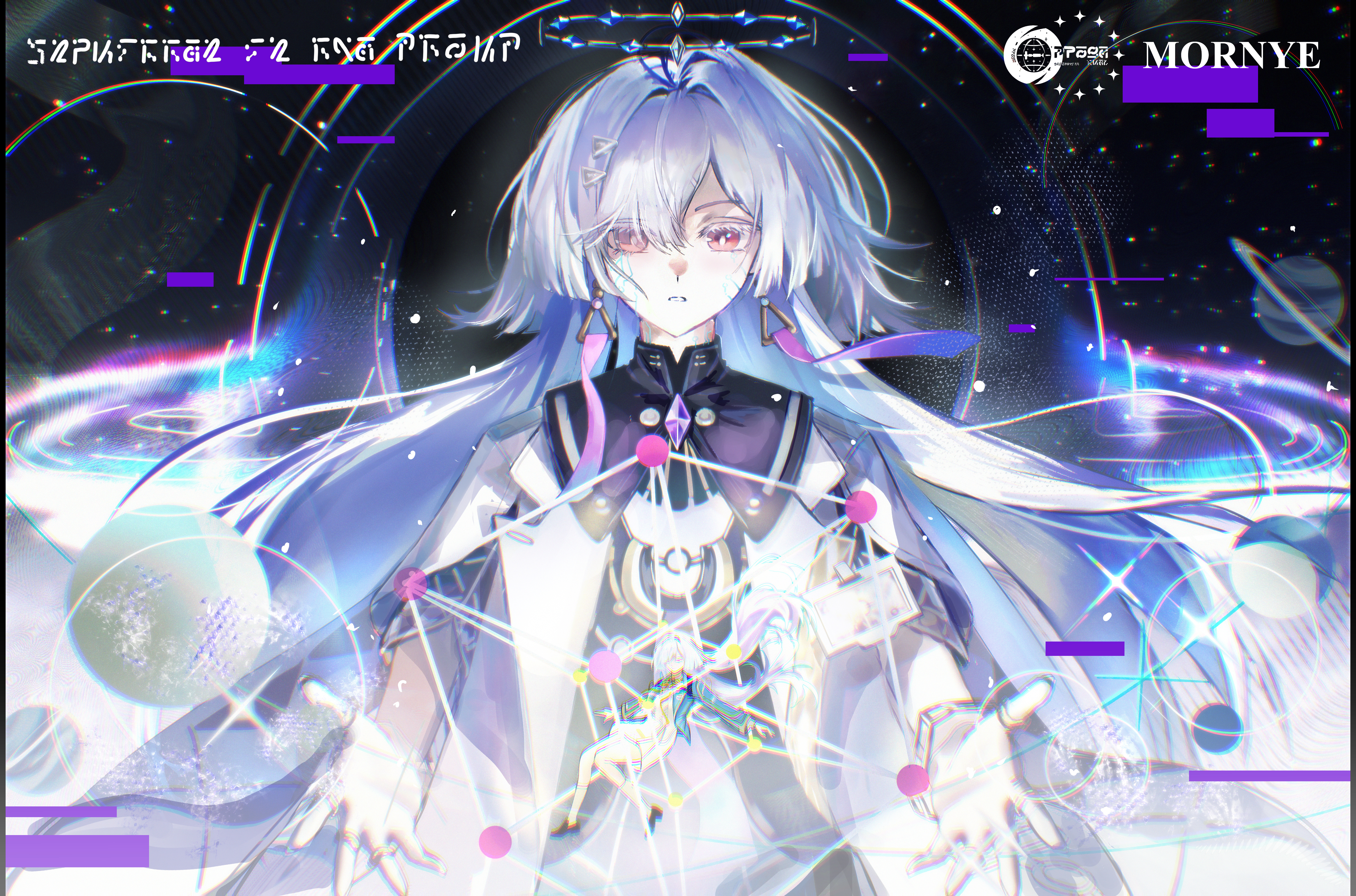 minglu (gululu), mornye (wuthering waves), wuthering waves, absurdres, chinese commentary, commentary request, highres, partial commentary, 2girls, character name, chromatic aberration, colored eyelashes, cube, dress, dual persona, earrings, eyes visible through hair, grey hair, hair ornament, hair over one eye, halo, id card, jacket, jewelry, long hair, multiple girls, open hands, planet, purple dress, red eyes, sky, solo, space, star (sky), starry sky, time paradox, triangle earrings, very long hair, white dress, white jacket