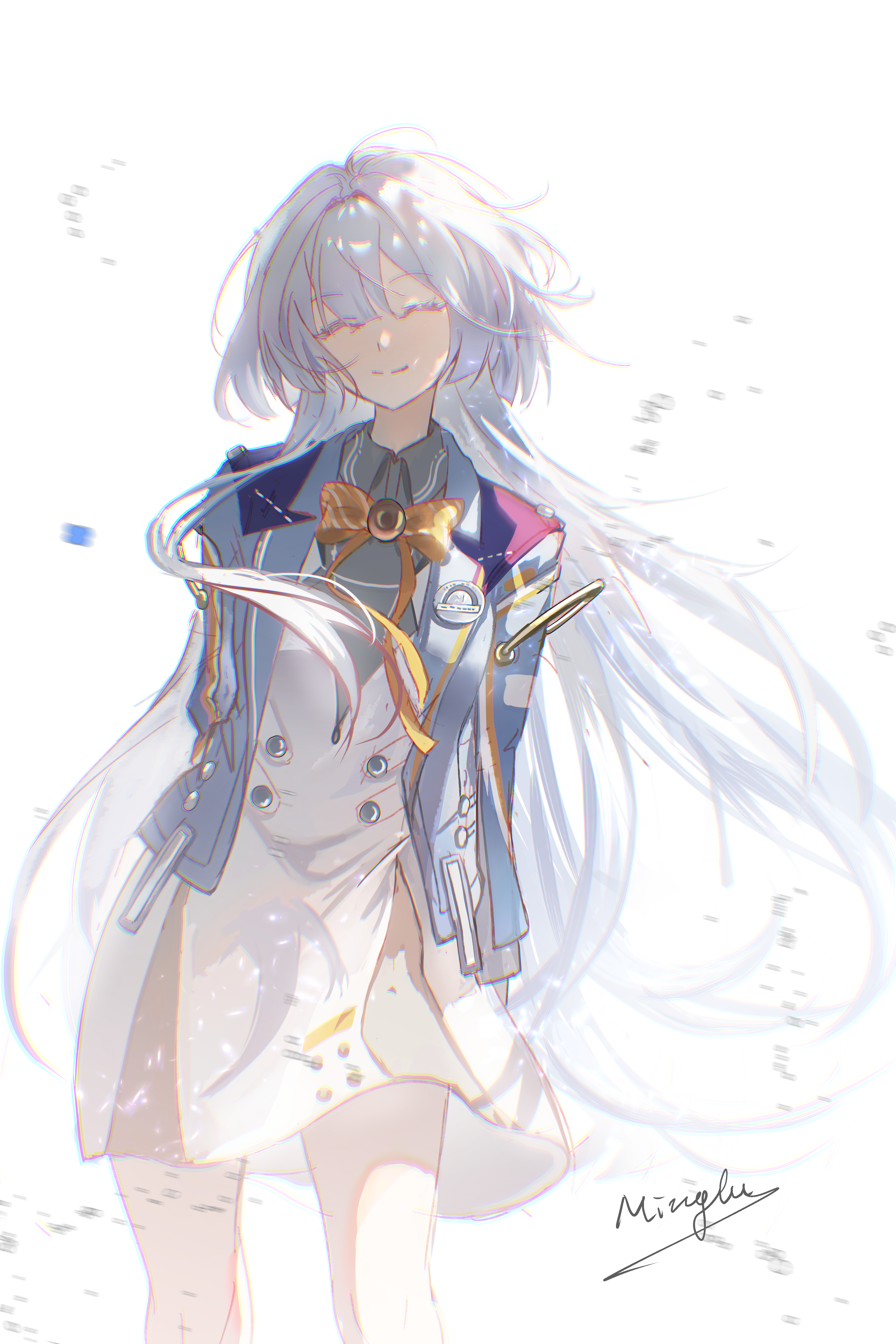 minglu (gululu), mornye (wuthering waves), wuthering waves, absurdres, chinese commentary, commentary request, highres, 1girl, arms behind back, blue jacket, bow, bowtie, breasts, chromatic aberration, closed eyes, closed mouth, dress, facing viewer, grey hair, jacket, long hair, medium breasts, orange bow, orange bowtie, signature, smile, solo, very long hair, white background, white dress