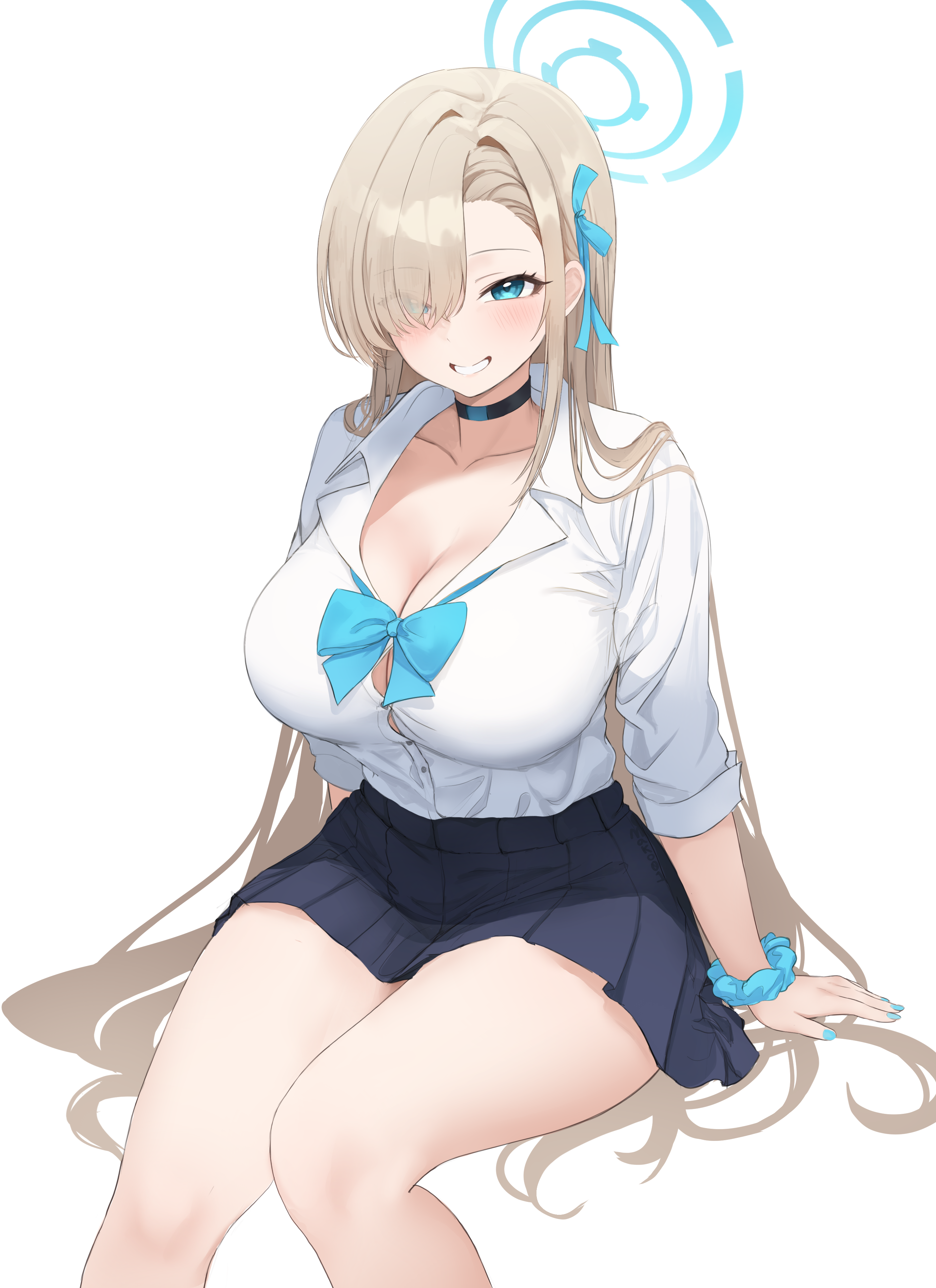 asuna (blue archive), asuna (school uniform) (blue archive), blue archive, absurdres, commentary request, highres, korean commentary, 1girl, arms at sides, black choker, black skirt, blonde hair, blue bow, blue eyes, blue halo, blue nails, blue scrunchie, blush, bow, breasts, button gap, choker, cleavage, collarbone, collared shirt, dress shirt, eyelashes, eyes visible through hair, grin, gyaru, hair bow, hair over one eye, hair over shoulder, halo, invisible chair, kogal, large breasts, long hair, long sleeves, looking at viewer, mako draw01, miniskirt, nail polish, official alternate costume, pleated skirt, scrunchie, shirt, simple background, sitting, skirt, sleeves rolled up, smile, solo, straight hair, thick thighs, thighs, very long hair, white background, white shirt, wrist scrunchie