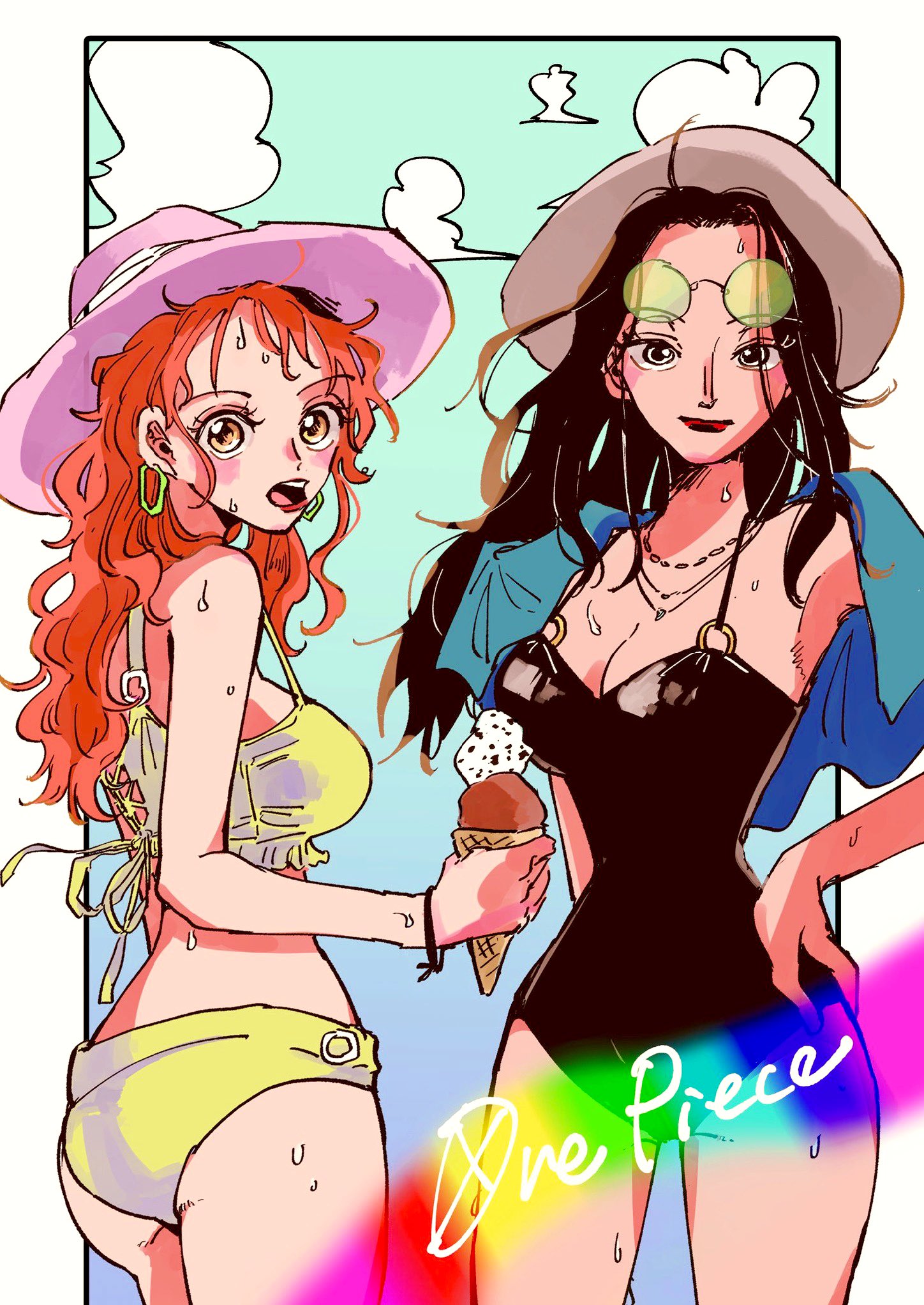 hebi d hebi, nami (one piece), nico robin, one piece, commentary, highres, 2girls, bikini, black one-piece swimsuit, copyright name, cowboy shot, eyewear on head, food, holding, holding food, holding ice cream, ice cream, long hair, looking at viewer, looking back, multiple girls, o-ring, one-piece swimsuit, orange hair, red lips, smile, swimsuit, tinted eyewear, yellow-tinted eyewear, yellow bikini