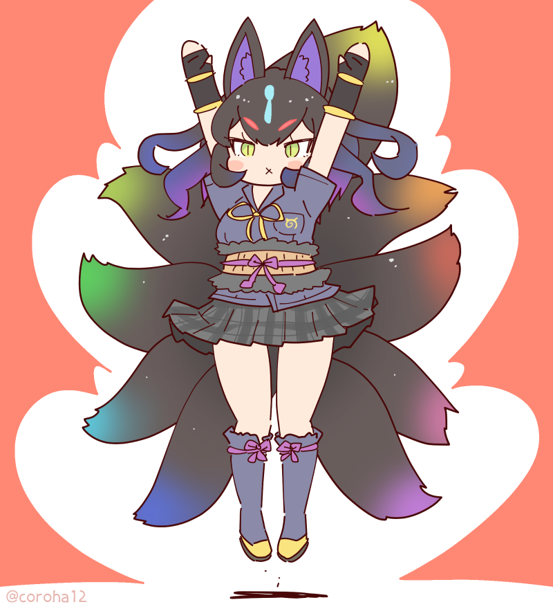 coroha, kyubikori (kemono friends), kemono friends, kemono friends 3, 1girl, animal ears, arms up, black hair, extra ears, fingerless gloves, fox ears, fox girl, fox tail, full body, gloves, japari symbol, jumping, long hair, looking at viewer, neck ribbon, red background, ribbon, shirt, shoes, simple background, skirt, socks, solo, tail, yellow eyes
