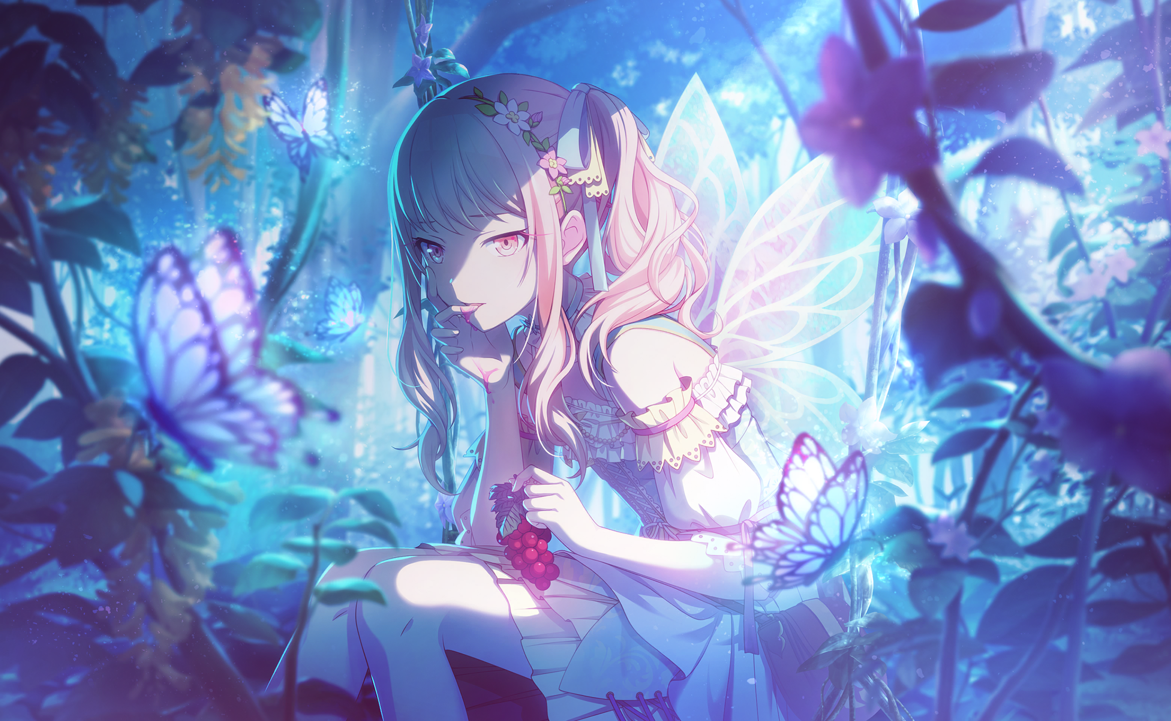 colorful palette, akiyama mizuki, anaxa (honkai: star rail), project sekai, game cg, highres, official art, third-party source, 1other, arm up, blue butterfly, blue ribbon, bug, butterfly, butterfly wings, cool colored, detached sleeves, dress, drill hair, drill ponytail, drill sidelocks, finger in own mouth, flower, food, forest, frilled dress, frilled ribbon, frilled sleeves, frills, fruit, grapes, hair flower, hair ornament, hair ribbon, high side ponytail, insect, insect wings, layered dress, leaf, leaf hair ornament, nature, off shoulder, official alternate costume, onayami kikasete! wakuwaku picnic (project sekai), other focus, outdoors, pink eyes, pink flower, pink hair, pink liquid, puffy detached sleeves, puffy sleeves, purple butterfly, purple flower, ribbon, sidelocks, sitting, solo, white flower, wings