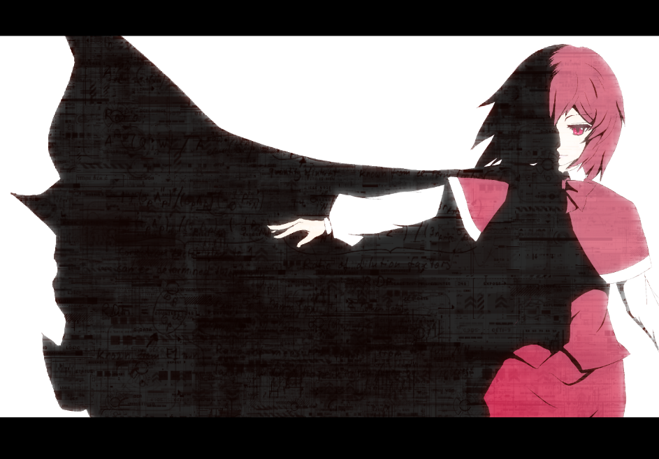 okazaki yumemi, phantasmagoria of dim.dream, touhou, touhou (pc-98), bad id, bad pixiv id, 1girl, bow, cape, dress, female focus, letterboxed, math, red eyes, red hair, science, shadow, solo, text focus