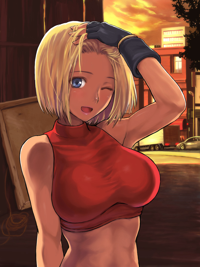 enomoto hidehira, blue mary, fatal fury, the king of fighters, bad id, bad pixiv id, 1girl, blonde hair, blue eyes, breasts, dusk, female focus, fingerless gloves, gloves, hair intakes, hand on own head, head tilt, large breasts, one eye closed, parted bangs, shirt, short hair, smile, solo, tank top, taut clothes, taut shirt, toned, toned female, wink