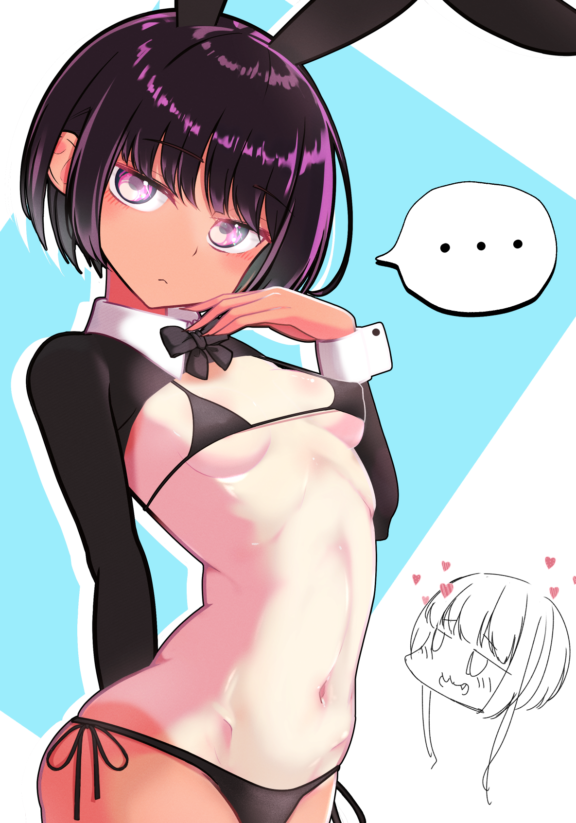 kuyu730, original, …, 1girl, bikini, black bikini, black bow, black bowtie, black hair, blush, bowtie, breasts, female focus, head tilt, looking at viewer, navel, rabbit ears, shiny skin, short hair, side-tie bikini bottom, small breasts, solo, standing, swimsuit, tan, tanline, window