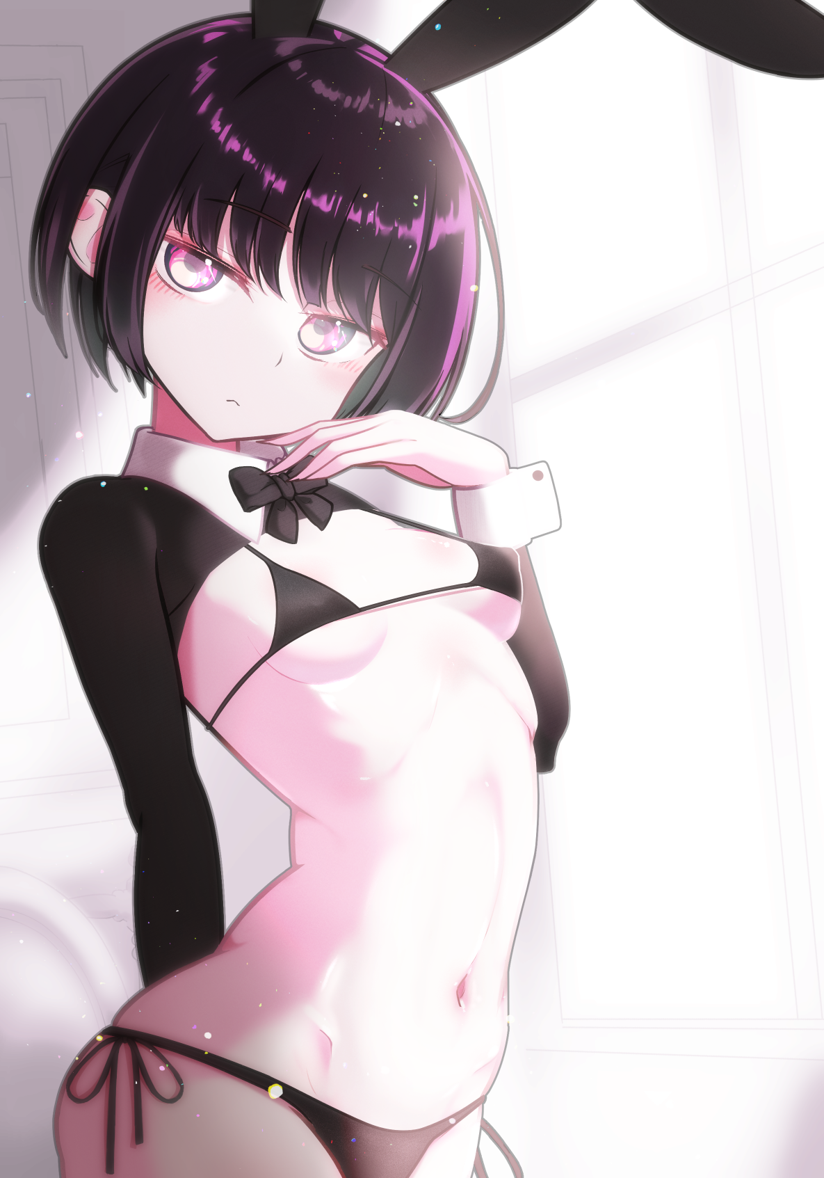 kuyu730, original, 1girl, bikini, black bikini, black bow, black bowtie, black hair, blush, bowtie, breasts, female focus, head tilt, looking at viewer, navel, rabbit ears, shiny skin, short hair, side-tie bikini bottom, small breasts, solo, standing, swimsuit, window