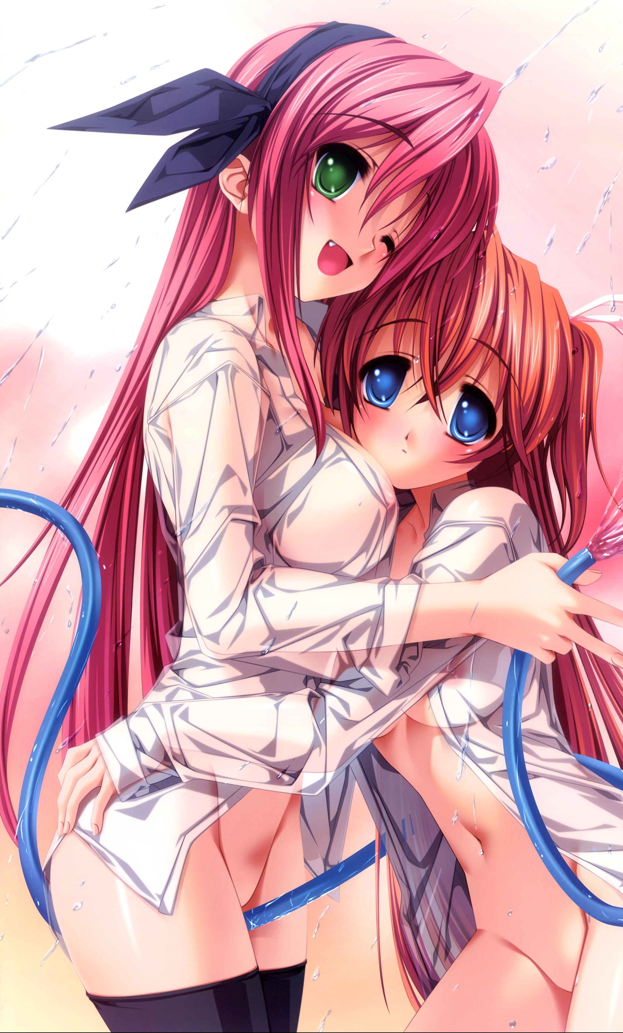 senomoto hisashi, sara appleton, yumino kanade, like a butler, absurdres, highres, 2girls, between legs, black thighhighs, blue eyes, blush, bottomless, breasts, brown hair, covered erect nipples, crotch rub, dress shirt, fang, green eyes, groin, hair ribbon, hairband, hose, hug, large breasts, long hair, multiple girls, naked shirt, navel, no bra, no panties, one eye closed, open mouth, orange hair, pink hair, ribbon, see-through clothes, shirt, short twintails, thighhighs, twintails, very long hair, water, wet, wet clothes, wet shirt, wink, yuri