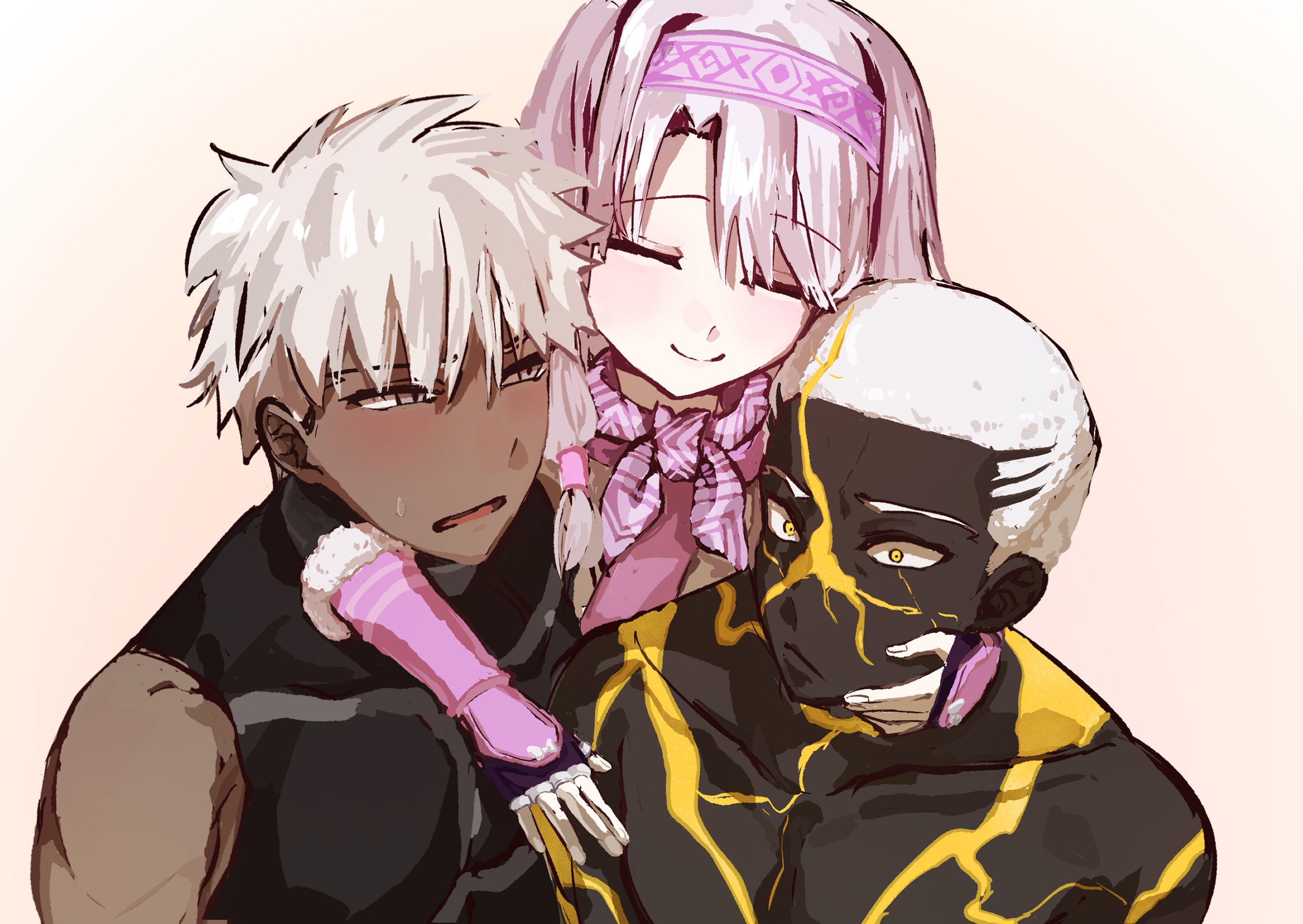 archer (fate), emiya alter, sitonai (fate), fate/grand order, fate (series), highres, 1girl, 2boys, blush, buzz cut, crew cut, dark-skinned male, dark skin, hug, messy hair, multiple boys, ri km, short hair, smile, very dark skin, very short hair, white hair