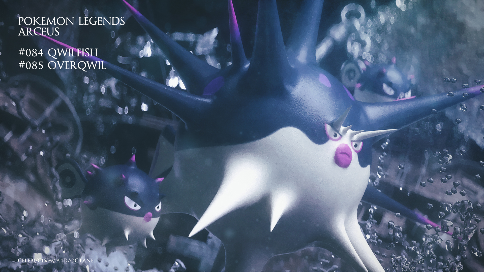 celebi350300687, hisuian qwilfish, overqwil, nintendo, pokemon, commentary request, highres, 3d, air bubble, animal focus, artist name, bubble, character name, cinema 4d (medium), closed mouth, copyright name, evolutionary line, lips, no humans, pokedex number, pokemon (creature), pokemon focus, spikes, underwater