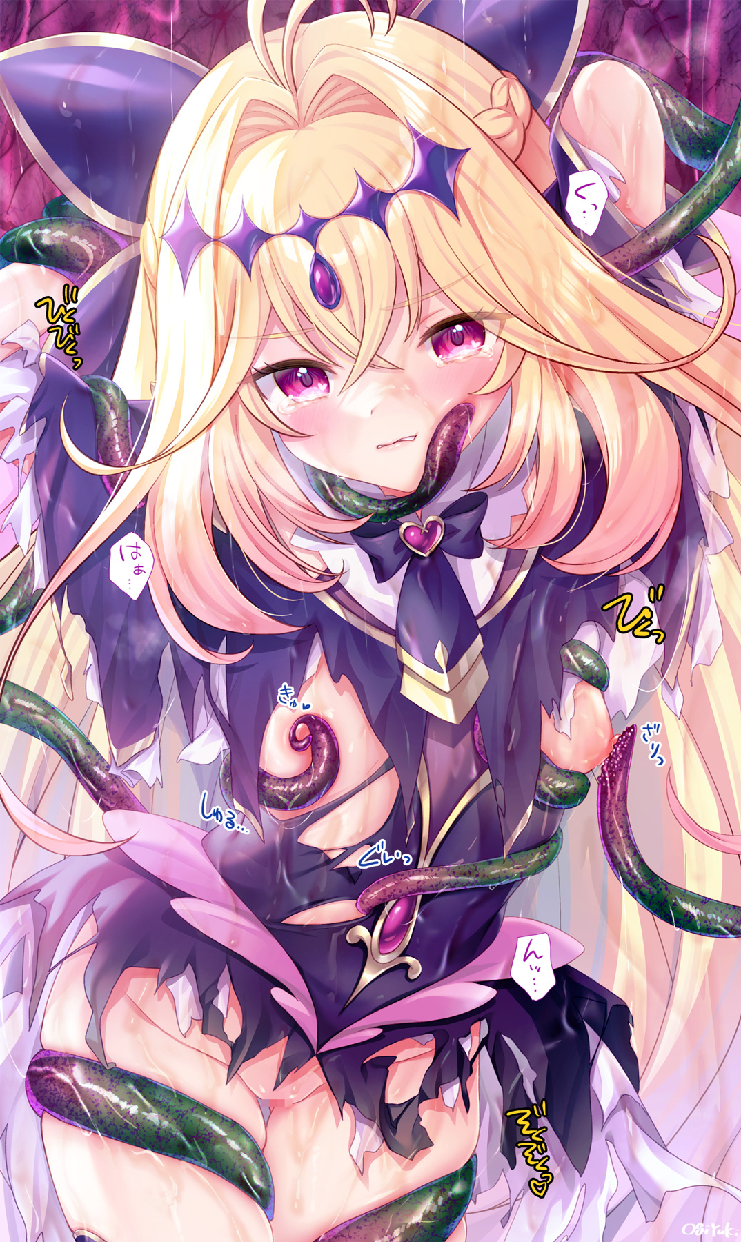 ogiyuki, cure arcana shadow, meitantei precure!, precure, commentary request, highres, paid reward available, 1girl, blonde hair, breasts, dress, long hair, magical girl, moria luluka, nipple rub, nipple stimulation, nipples, restrained, small breasts, solo, tentacles, torn clothes, torn dress