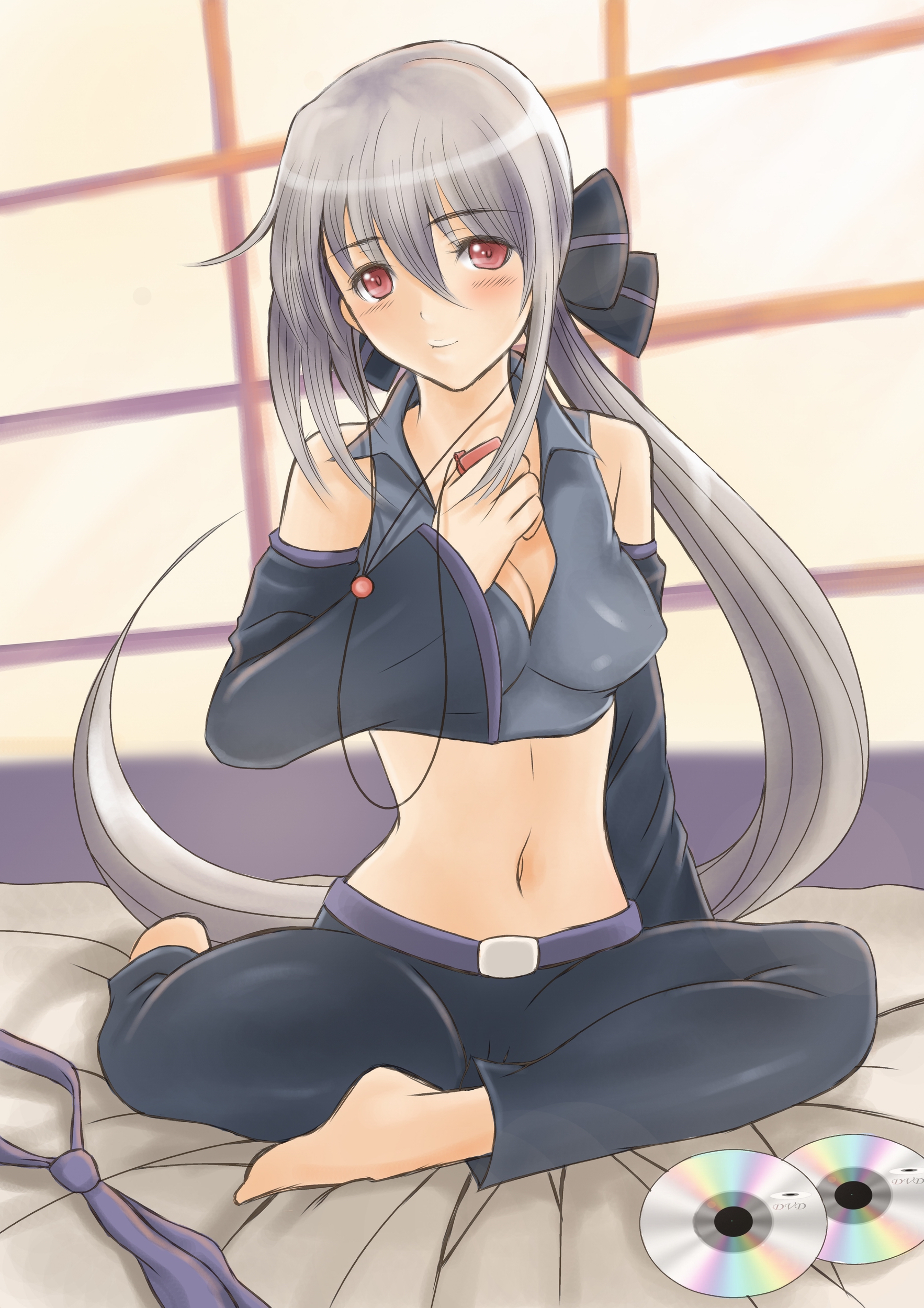 hukase, narcisse, yowane haku, vocaloid, silver hair, absurdres, highres, 1girl, barefoot, breasts, cd, cleavage, female focus, ipod, long hair, midriff, mp3 player, necktie, red eyes, smile, solo, tattoo, very long hair