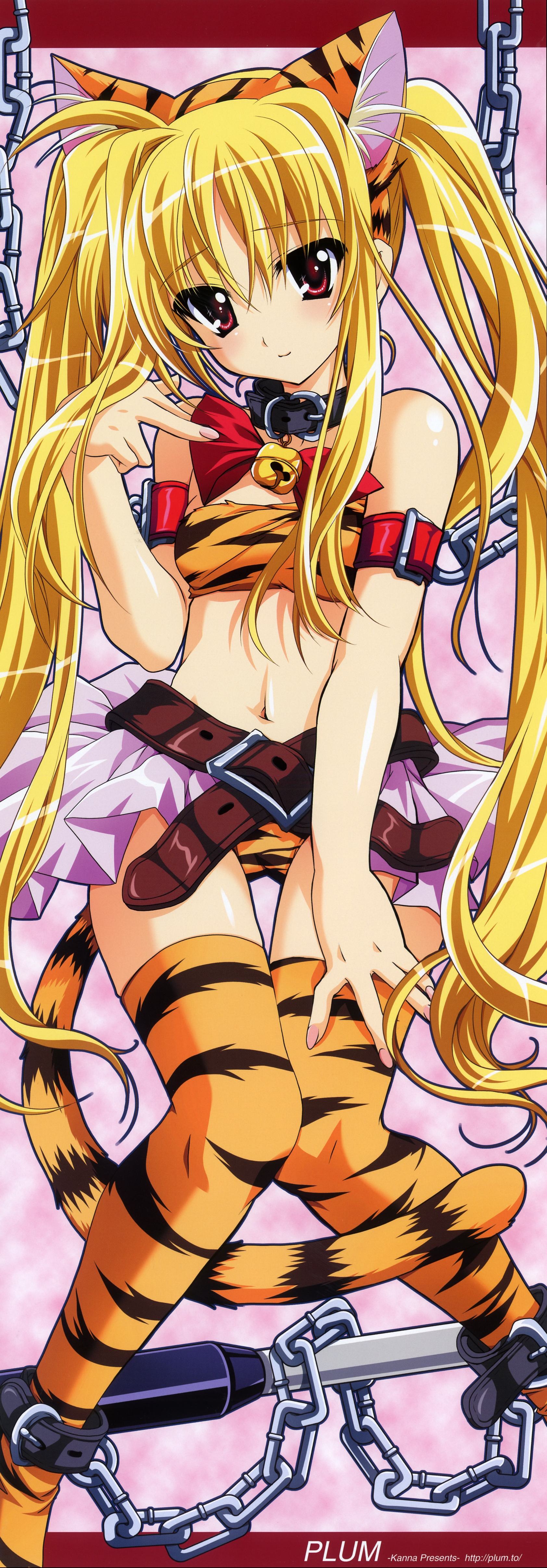 kanna (plum), fate testarossa, lyrical nanoha, mahou shoujo lyrical nanoha, absurdres, highres, long image, tall image, 00s, 1girl, animal ears, animal print, bdsm, belt, blonde hair, bondage, bound, cat ears, cat tail, chain, collar, fake animal ears, female focus, long hair, red eyes, ribbon, solo, spreader bar, stick poster, tail, thighhighs, tiger ears, tiger print, tiger tail, twintails, very long hair