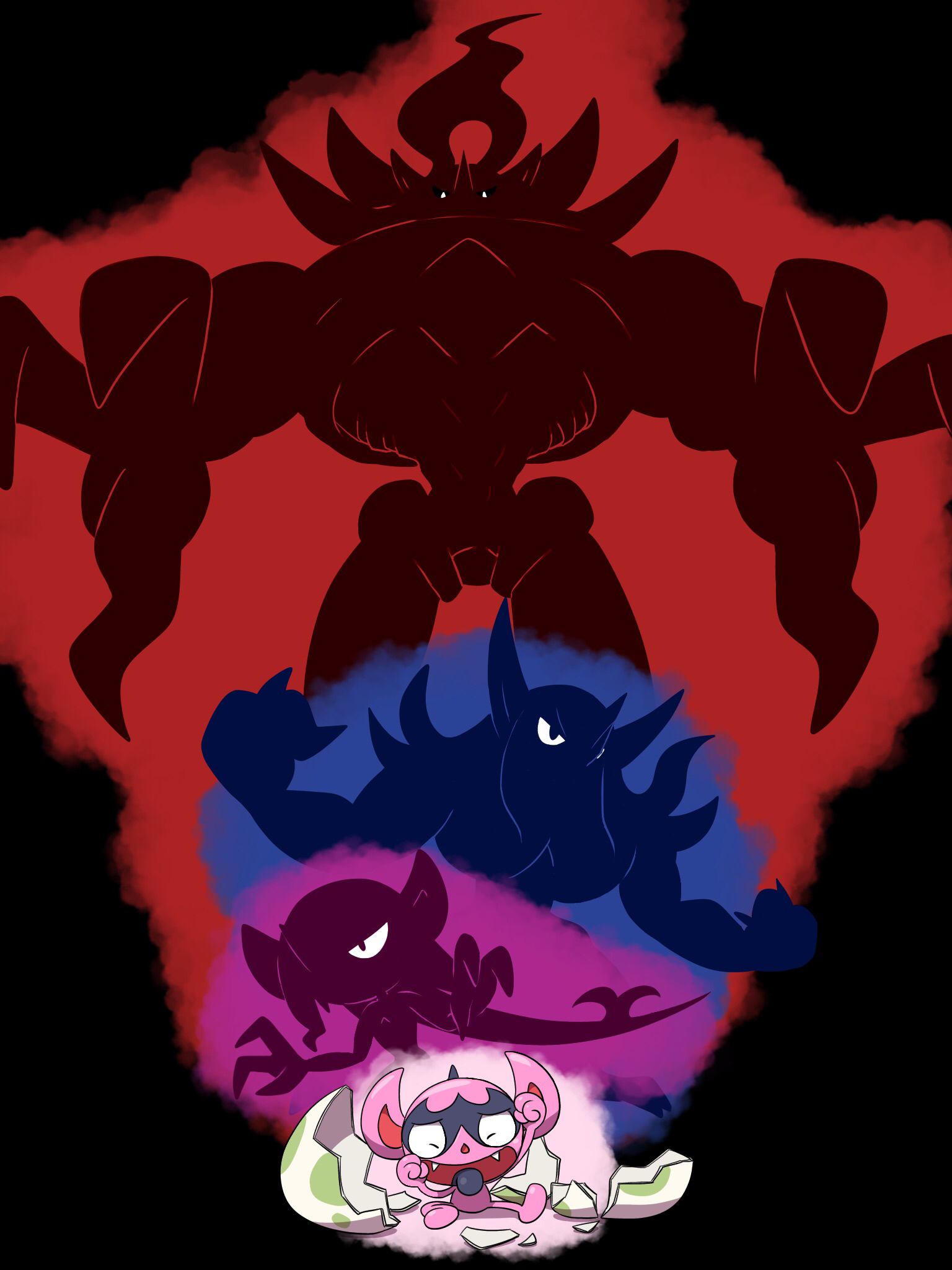 aoi (comical highway), gigantamax grimmsnarl, grimmsnarl, impidimp, morgrem, nintendo, pokemon, commentary request, highres, closed eyes, dynamax, egg, eggshell, evolutionary line, fangs, gen 8 pokemon, gigantamax, open mouth, pointy ears, pokemon (creature), pokemon egg, pokemon focus, sitting, tongue, tongue out