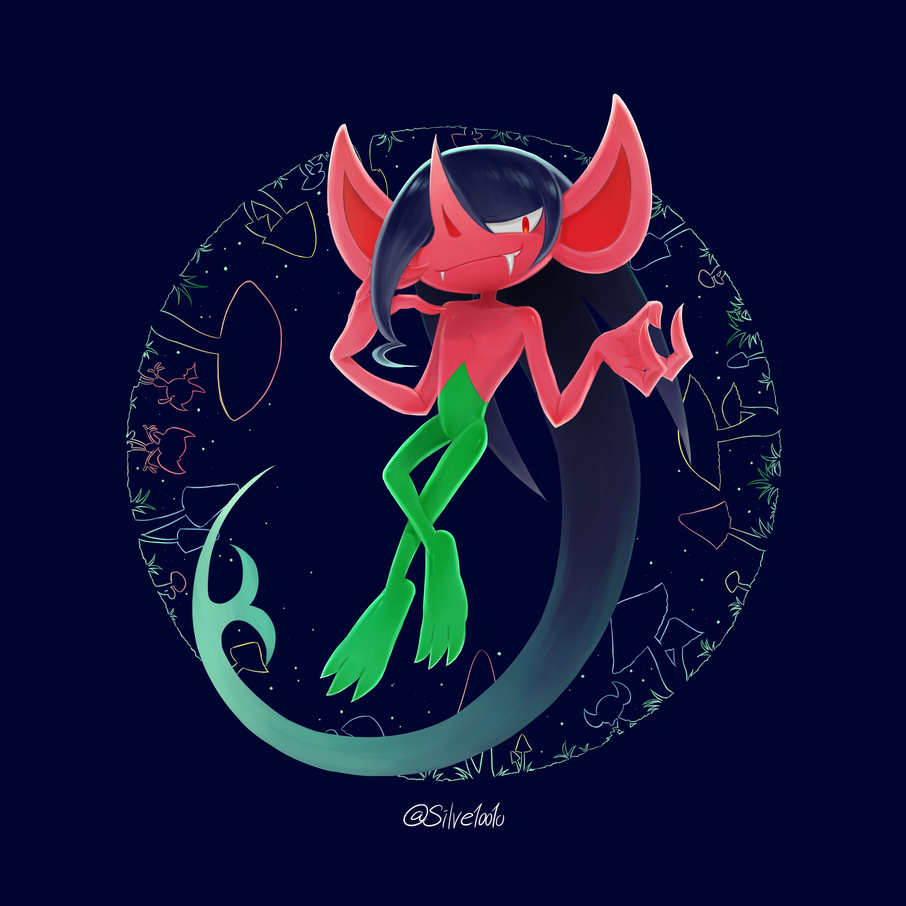 impidimp, morgrem, nintendo, pokemon, commentary request, highres, blue background, closed mouth, fangs, full body, gen 8 pokemon, hair over one eye, long hair, long nose, mtsr saa, mushroom, pointy ears, pointy nose, pokemon (creature), pokemon focus, red eyes, smile, solo, star (sky), very long hair