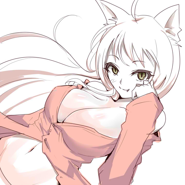 kasai shin, black hanekawa, hanekawa tsubasa, bakemonogatari, monogatari (series), nekomonogatari, 10s, 1girl, ahoge, animal ears, bare shoulders, blouse, breasts, cat ears, cleavage, fang, female focus, long hair, navel, no panties, orange pajamas, pajamas, red shirt, shirt, simple background, solo, white background, white hair