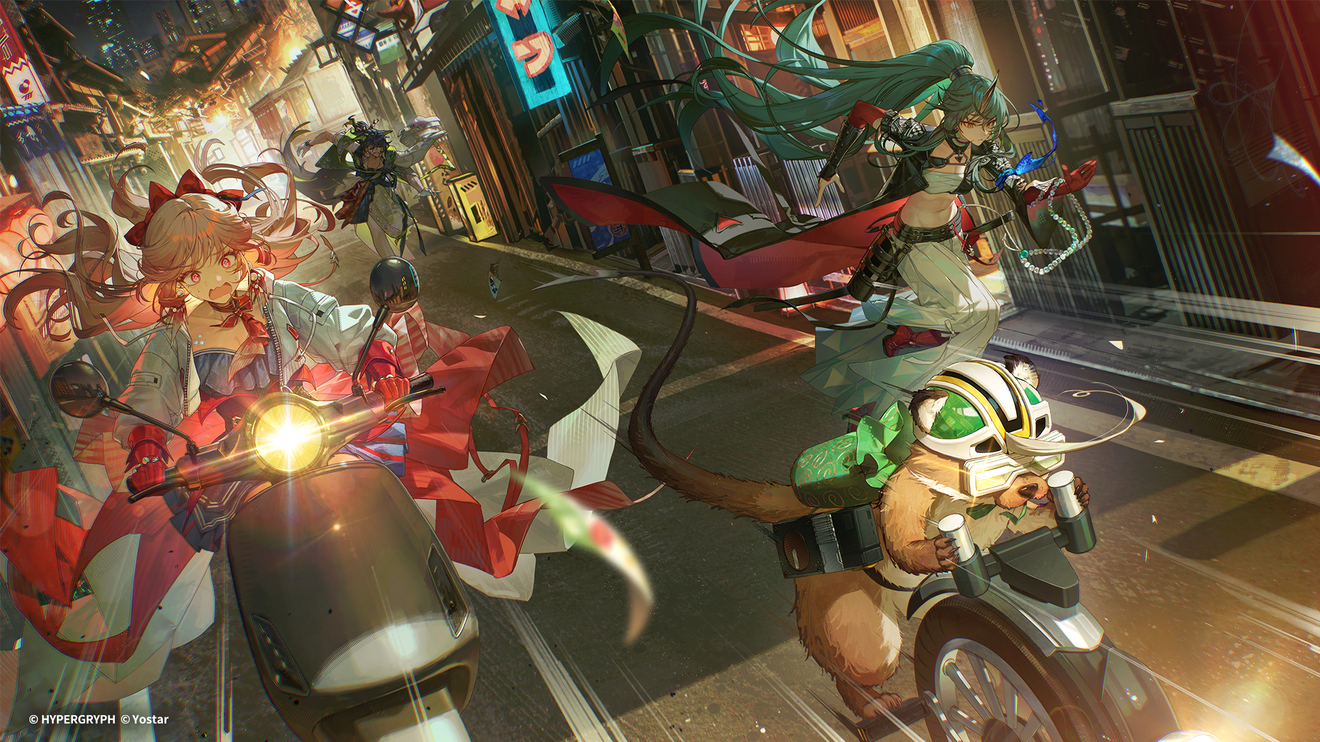 kuikui, haruka (arknights), hoshiguma (arknights), hoshiguma the breacher (arknights), arknights, character request, commentary request, highres, official art, second-party source, 1boy, 1other, 2girls, animal, ascot, black coat, blue dress, chest sarashi, cityscape, closed eyes, coat, copyright notice, dress, fleeing, full body, gloves, helmet, horns, jacket, japanese clothes, kimono, long hair, matsukiri (arknights), motor vehicle, motorcycle, motorized unicycle, multiple girls, outdoors, pink eyes, ponytail, red ascot, red coat, red gloves, red hair, sarashi, single glove, single horn, surprised, two-sided coat, two-sided fabric, white jacket, white kimono