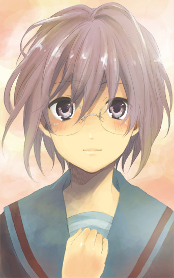 sato unta, nagato yuki, suzumiya haruhi no shoushitsu, suzumiya haruhi no yuuutsu, bad id, bad pixiv id, 10s, brown eyes, brown hair, cardigan, glasses, school uniform, serafuku, short hair, smile, solo