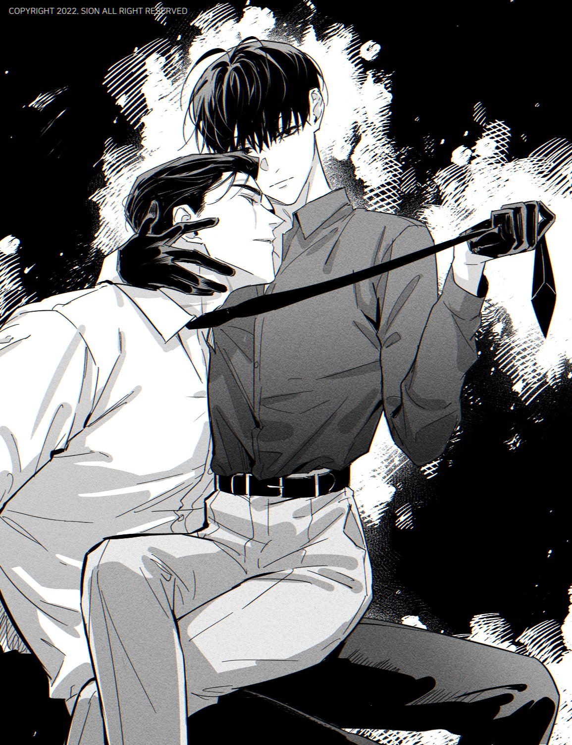 kim dokja, yoo joonghyuk, omniscient reader's viewpoint, highres, 2boys, :|, belt, black gloves, black hair, black shirt, closed mouth, clothes grab, collared shirt, crossed legs, feet out of frame, gloves, greyscale, hand on another's neck, looking at viewer, male focus, monochrome, multiple boys, necktie, necktie grab, neckwear grab, shirt, shirt tucked in, short hair, sion 428, sitting, sitting on lap, sitting on person, white shirt