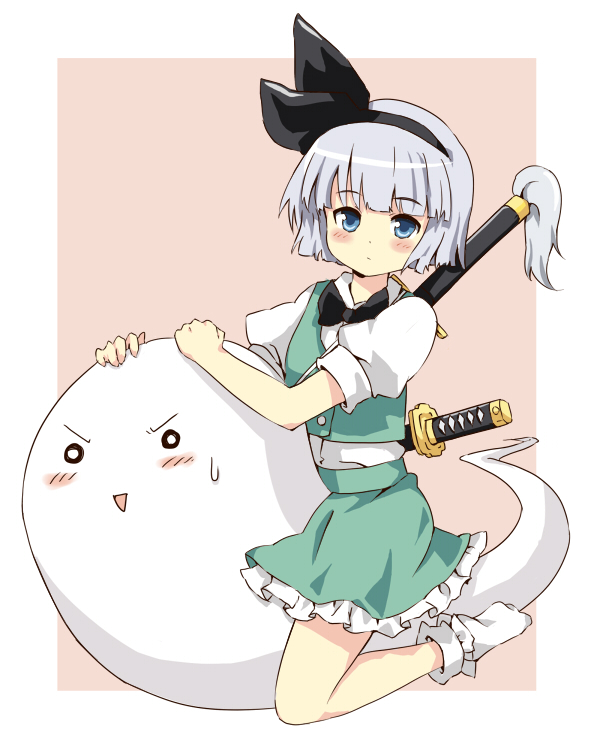 fine (artist), konpaku youmu, konpaku youmu (ghost), touhou, silver hair, bad id, bad pixiv id, 1girl, blue eyes, female focus, full body, ghost, hairband, katana, short hair, skirt, solo, sword, weapon