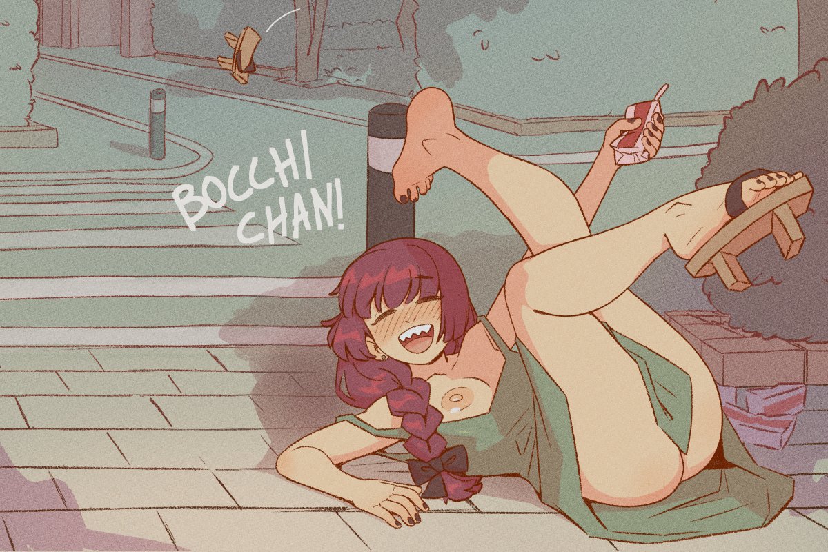 klimspree, hiroi kikuri, bocchi the rock!, 1girl, black bow, black nails, bow, breast slip, dress, drunk, geta, green dress, lying, nipples, on back, outdoors, public indecency, purple hair, sharp teeth, solo, teeth