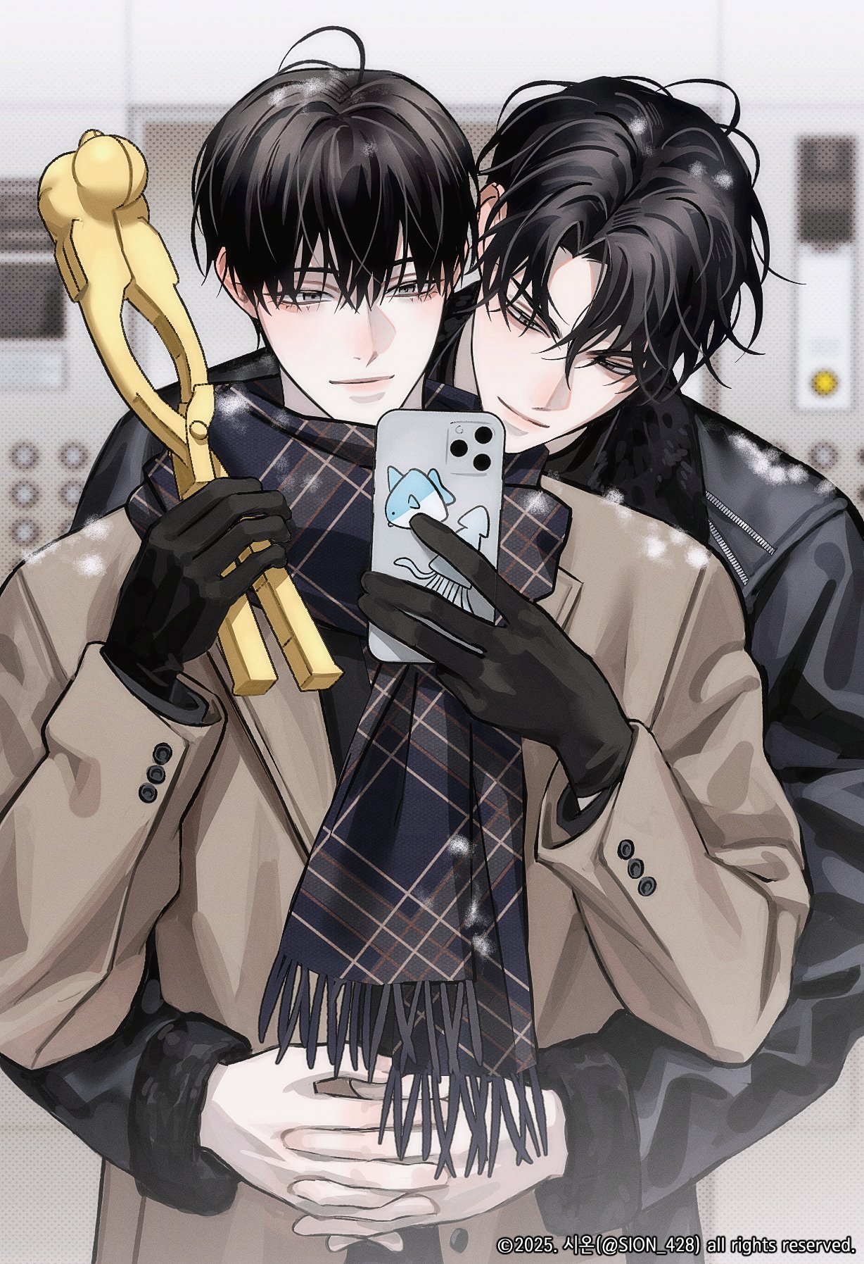 kim dokja, yoo joonghyuk, omniscient reader's viewpoint, hashtag-only commentary, highres, 2boys, ||/, aegyo sal, arm around waist, black eyes, black gloves, black hair, black jacket, brown coat, coat, curtained hair, fringe trim, gloves, holding, holding phone, hug, hug from behind, jacket, leather, leather jacket, male focus, multiple boys, phone, scarf, short hair, sion 428, smile, snowball scooper, taking picture