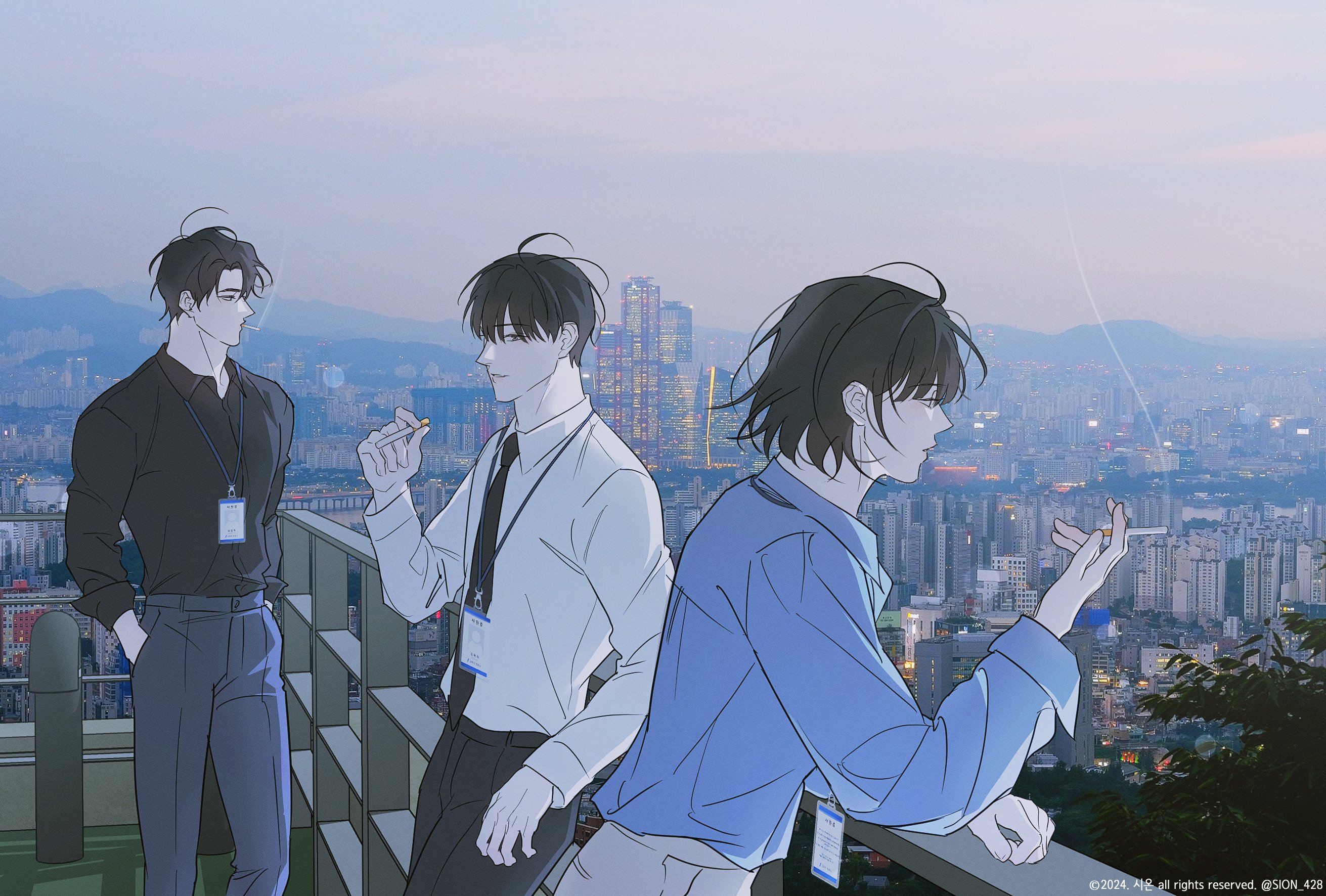 han sooyoung, kim dokja, yoo joonghyuk, omniscient reader's viewpoint, highres, 1girl, 2boys, against railing, alternate costume, balcony, black hair, black necktie, black shirt, blue shirt, bob cut, cigarette, cityscape, collared shirt, elbow rest, feet out of frame, fog, hands in pockets, holding, holding cigarette, id card, long sleeves, mountainous horizon, multiple boys, necktie, outdoors, railing, shirt, shirt tucked in, short hair, sion 428, smoking, white shirt