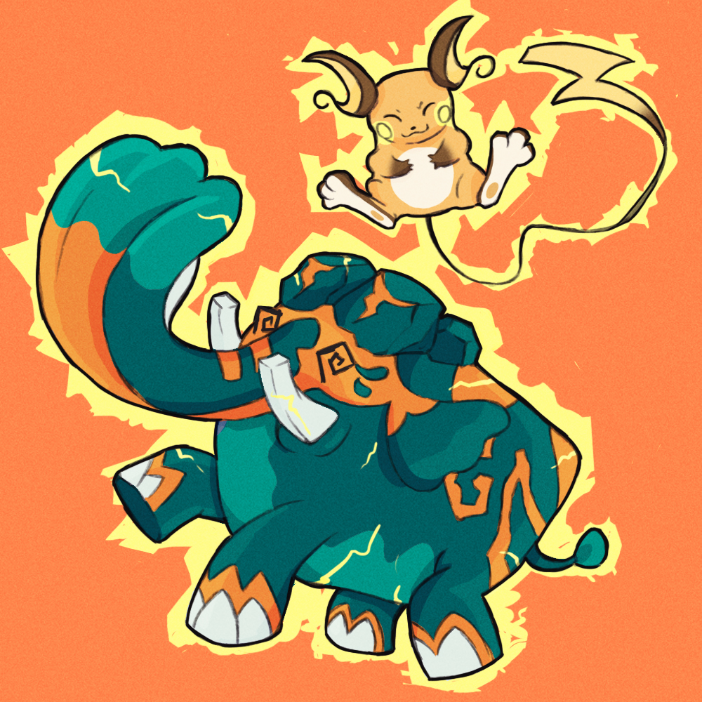 copperajah, raichu, nintendo, pokemon, commentary request, :3, @ @, animal focus, closed mouth, dxmentalhealth, electricity, electrocution, full body, gen 1 pokemon, gen 8 pokemon, no humans, orange background, pokemon (creature), pokemon focus, simple background, smile, spiral-only eyes, tusks