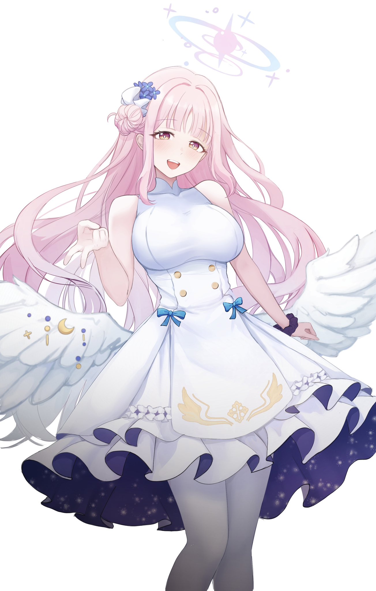 mako draw01, mika (blue archive), blue archive, commentary request, highres, korean commentary, 1girl, :d, black scrunchie, blue bow, blue flower, blunt bangs, blush, bow, breasts, bright pupils, buttons, double-breasted, dress, dress bow, eyelashes, feathered wings, feet out of frame, floating hair, flower, frilled dress, frills, hair bun, hair flower, hair ornament, halo, happy, large breasts, long hair, looking at viewer, low wings, open mouth, pantyhose, pink hair, pink halo, scrunchie, sidelocks, simple background, single side bun, sleeveless, sleeveless dress, smile, solo, standing, teeth, upper teeth only, v, very long hair, white background, white dress, white pantyhose, white pupils, white wings, wings, wrist scrunchie, yellow eyes