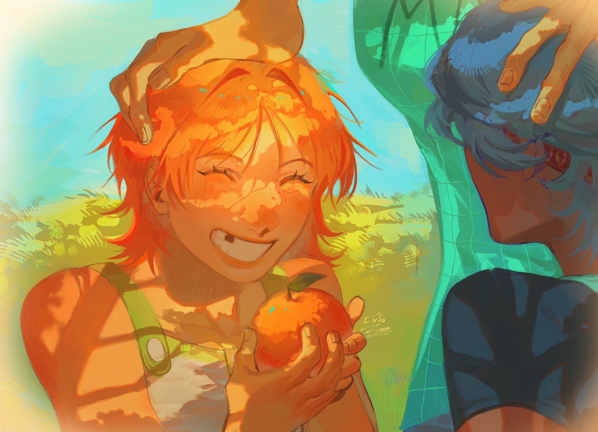 bellemere, nami (one piece), nojiko (one piece), one piece, commentary, english commentary, highres, 3girls, adoptive parent and adoptive child, adoptive siblings, aged down, aqua shirt, bare shoulders, blue hair, blue shirt, checkered clothes, checkered shirt, closed eyes, dappled sunlight, dress, exhosionn, food, fruit, green dress, grin, hand on another's head, holding, holding food, holding fruit, mandarin orange, missing tooth, multiple girls, orange hair, shirt, short hair, smile, sunlight, upper body