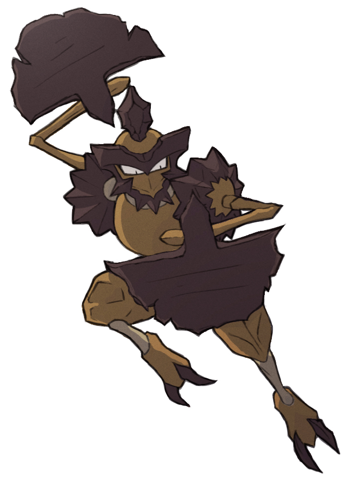 kleavor, nintendo, pokemon, arm up, closed mouth, dxmentalhealth, full body, no humans, pokemon (creature), pokemon focus, simple background, solo, white background