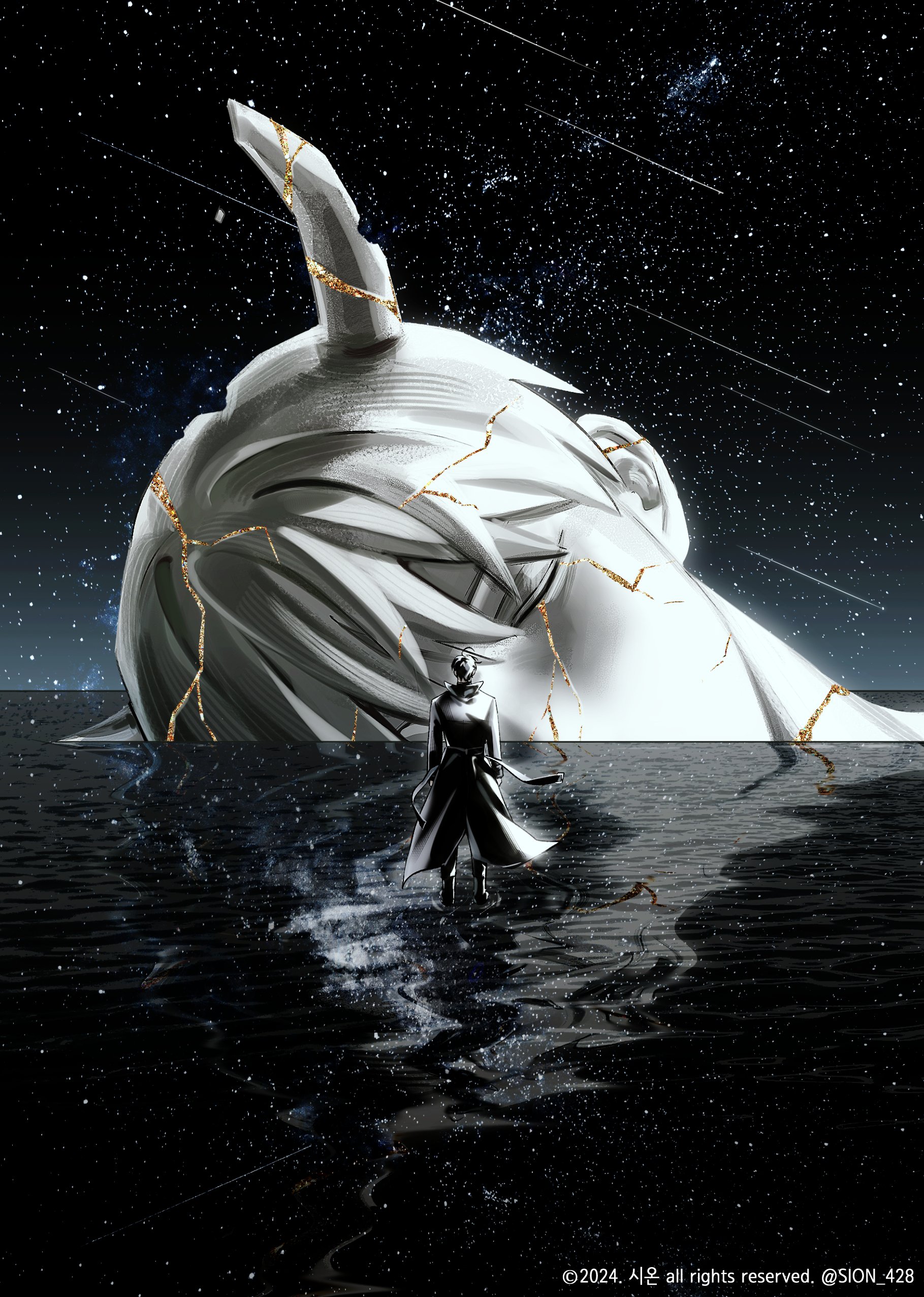 kim dokja, yoo joonghyuk, omniscient reader's viewpoint, absurdres, commentary request, highres, korean commentary, 1boy, black coat, black hair, boots, coat, cracked skin, facing away, from behind, full body, horns, kintsugi, night, open clothes, open coat, partially submerged, reflective surface, short hair, sion 428, sky, solo, standing, standing on liquid, star (sky), starry sky, statue, wind, wind lift