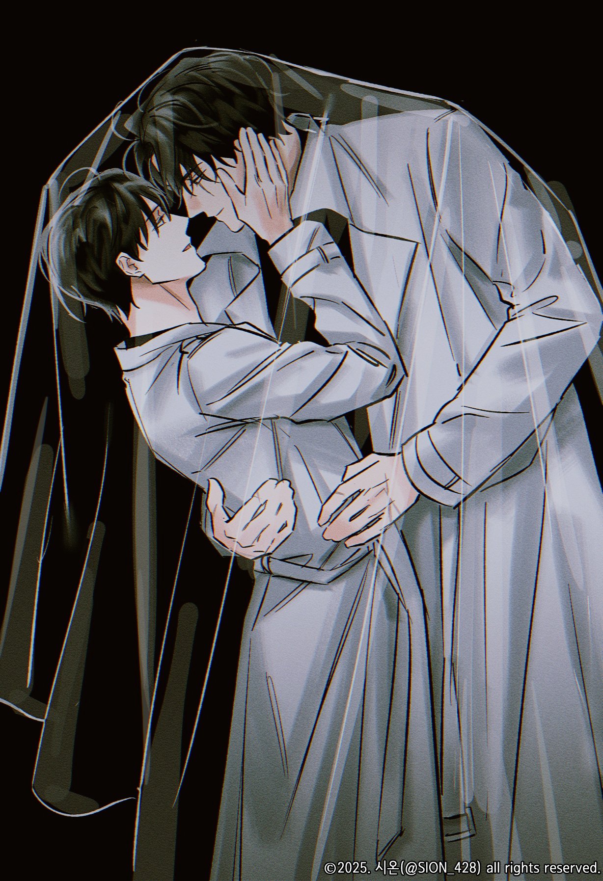 kim dokja, secretive plotter, yoo joonghyuk, omniscient reader's viewpoint, highres, 2boys, arm around waist, black eyes, black hair, black shirt, collared shirt, feet out of frame, hand on another's back, hand on another's face, hand on another's hip, leaning forward, male focus, matching outfits, multiple boys, scar, scar across eye, scar on face, shirt, short hair, sion 428, smile, veil, yellow eyes