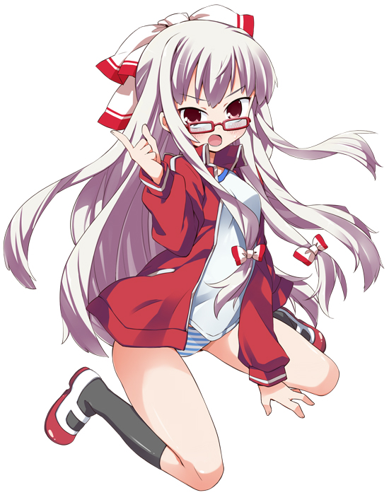 hama chon, fujiwara no mokou, touhou, 1girl, alternate costume, bespectacled, blush, bow, brown eyes, contemporary, female focus, glasses, gym uniform, hair bow, jacket, long hair, mary janes, no pants, panties, shoes, socks, solo, striped clothes, striped panties, underwear, uwabaki, very long hair