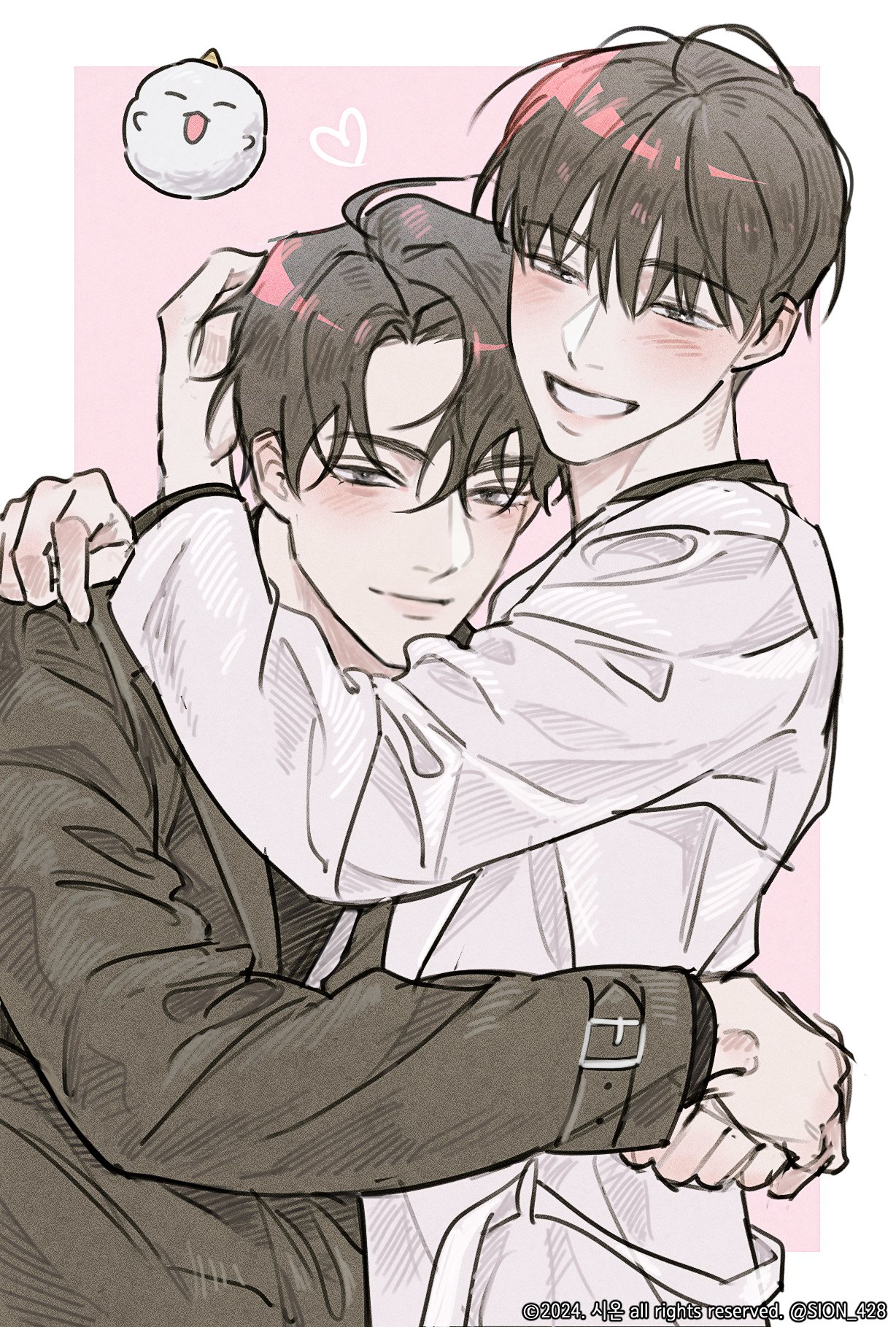 biyoo (omniscient reader's viewpoint), omniscient reader's viewpoint, highres, 2boys, arm around waist, black coat, black eyes, black hair, black shirt, blush, coat, collared shirt, cowboy shot, grin, half-closed eyes, hand on another's head, hug, looking at viewer, male focus, multiple boys, open clothes, open coat, shirt, short hair, sion 428, smile, white coat