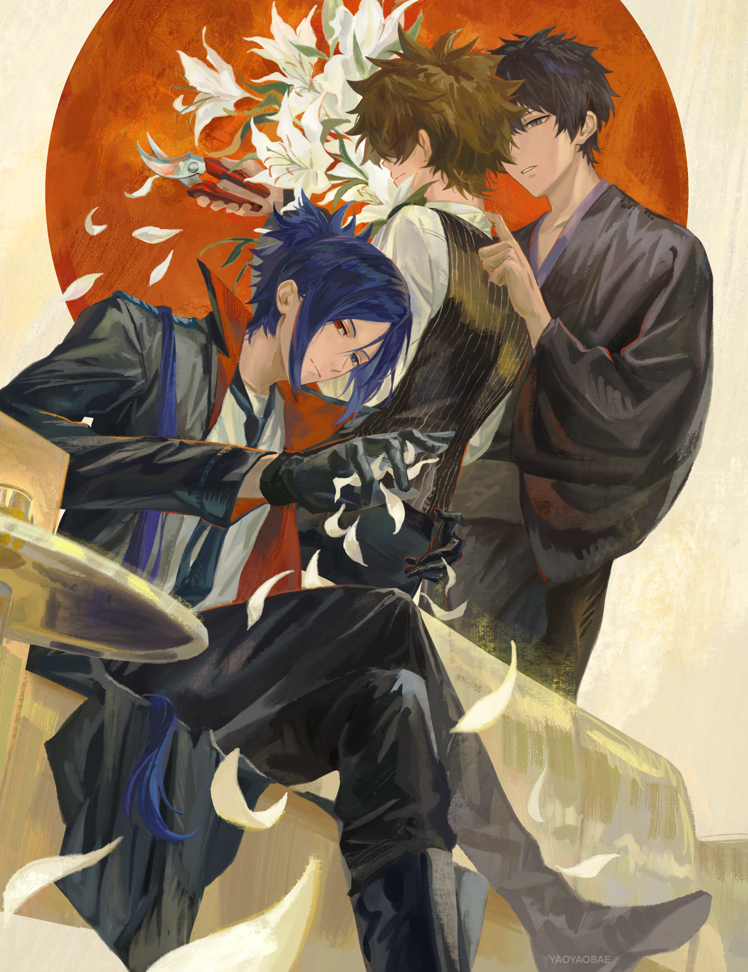 yaoyaobae, hibari kyouya, rokudou mukuro, sawada tsunayoshi, katekyo hitman reborn!, absurdres, commentary request, highres, 3boys, artist name, black boots, black gloves, black hair, black kimono, black necktie, black pants, blue eyes, blue hair, boots, brown hair, coat, crossed legs, falling petals, flower, gloves, grey eyes, heterochromia, japanese clothes, kimono, looking at another, looking at viewer, male focus, multiple boys, necktie, pants, petals, pinstripe pattern, pinstripe vest, red eyes, shirt, two-sided coat, two-sided fabric, vest, white flower, white lily, white petals, white shirt, yukata