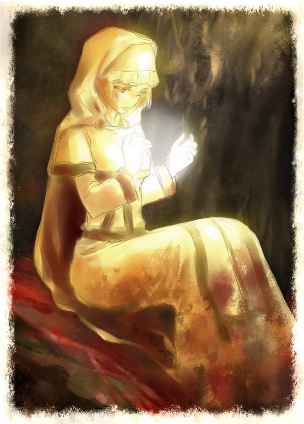 mera nattou, natto mela, maiden astraea, demon's souls, fromsoftware, bad id, bad pixiv id, 1girl, blonde hair, cape, dress, eyelashes, female focus, glowing, hood, legs together, robe, short hair, sitting, solo