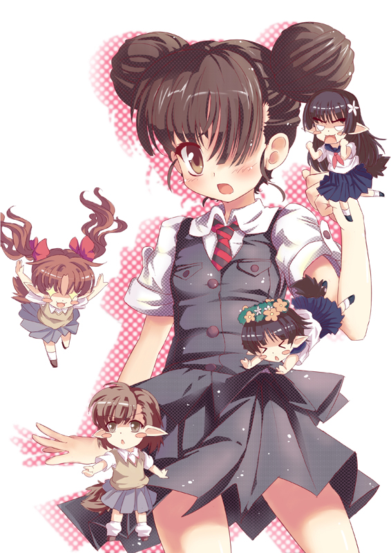 north abyssor, juufuku miho, misaka mikoto, saten ruiko, shirai kuroko, uiharu kazari, toaru kagaku no railgun, toaru majutsu no index, 5girls, animal ears, blush, brown eyes, brown hair, chibi, female focus, hair over one eye, multiple girls, parody, school uniform, serafuku, short hair, tail, twintails