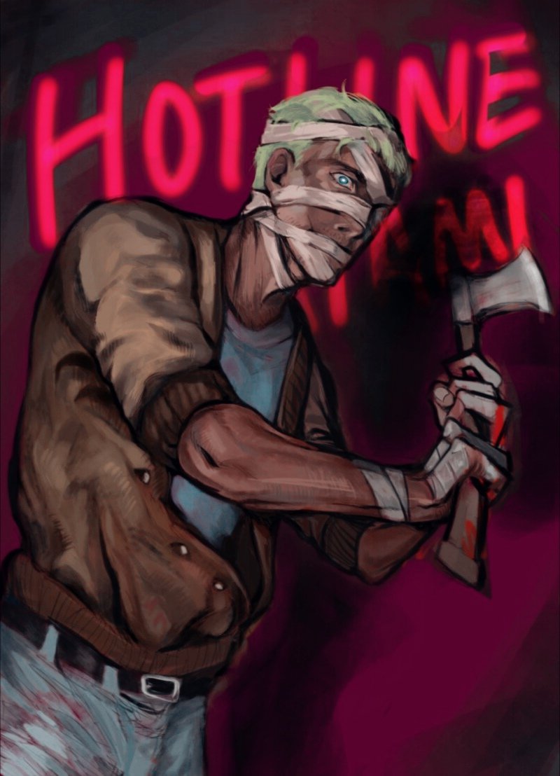 jacket (hotline miami), hotline miami, 1boy, axe, bandaged hand, bandaged head, bandages, belt, blonde hair, brown jacket, copyright name, cowboy shot, denim, dieantwoord2580, green eyes, holding, holding axe, jacket, jeans, leather, leather jacket, male focus, one eye covered, open clothes, open jacket, pants, serious, shirt, short hair, white shirt
