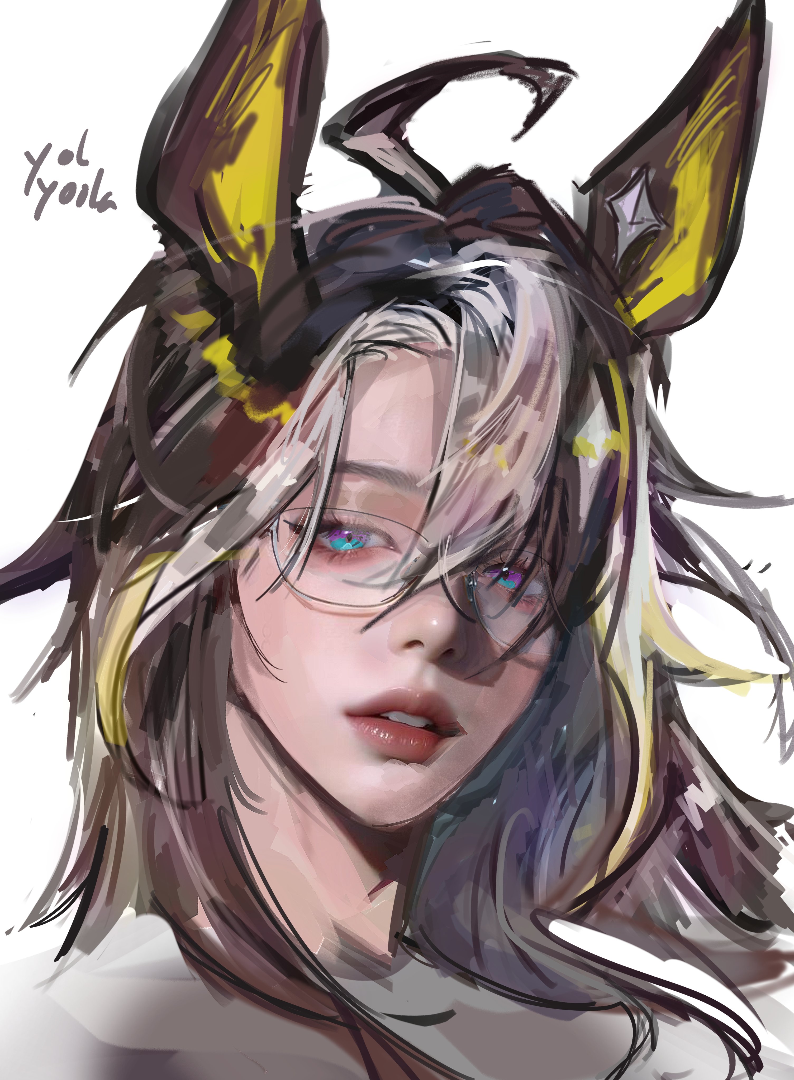 yol yoola, dream journey (umamusume), umamusume, absurdres, highres, 1girl, ahoge, animal ears, artist name, blonde hair, blue eyes, brown hair, english text, glasses, grey-framed eyewear, grey hair, heterochromia, horse ears, horse girl, lipstick, looking at viewer, makeup, multicolored hair, parted lips, portrait, purple eyes, signature, simple background, solo, solo focus, thick lips, white background