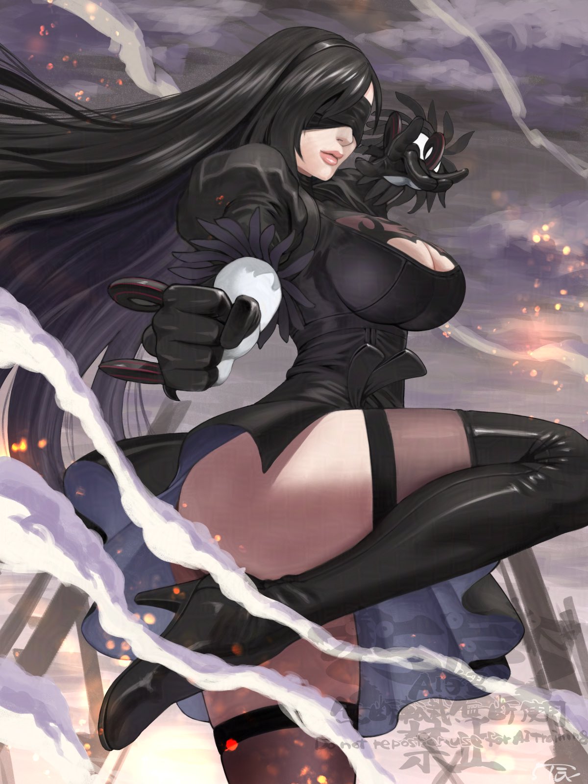 5tatsu, 2b (nier:automata), tifa lockhart, tifa lockhart (battler ensemble), final fantasy, final fantasy vii, final fantasy vii: ever crisis, nier:automata, nier (series), commentary request, highres, 1girl, 2b (nier:automata) (cosplay), ass peek, black boots, black dress, black gloves, black hair, black hairband, blindfold, boots, breasts, cleavage, cleavage cutout, closed mouth, clothing cutout, cloud, cloudy sky, company connection, cosplay, dress, embers, feather-trimmed sleeves, fighting stance, floating hair, foot out of frame, from side, gloves, grey sky, hairband, high heels, juliet sleeves, large breasts, leg up, lips, long hair, long sleeves, official alternate costume, outdoors, pink lips, puffy sleeves, ruins, side slit, sky, solo, standing, standing on one leg, thigh boots, thighhighs, thighhighs under boots, thighs